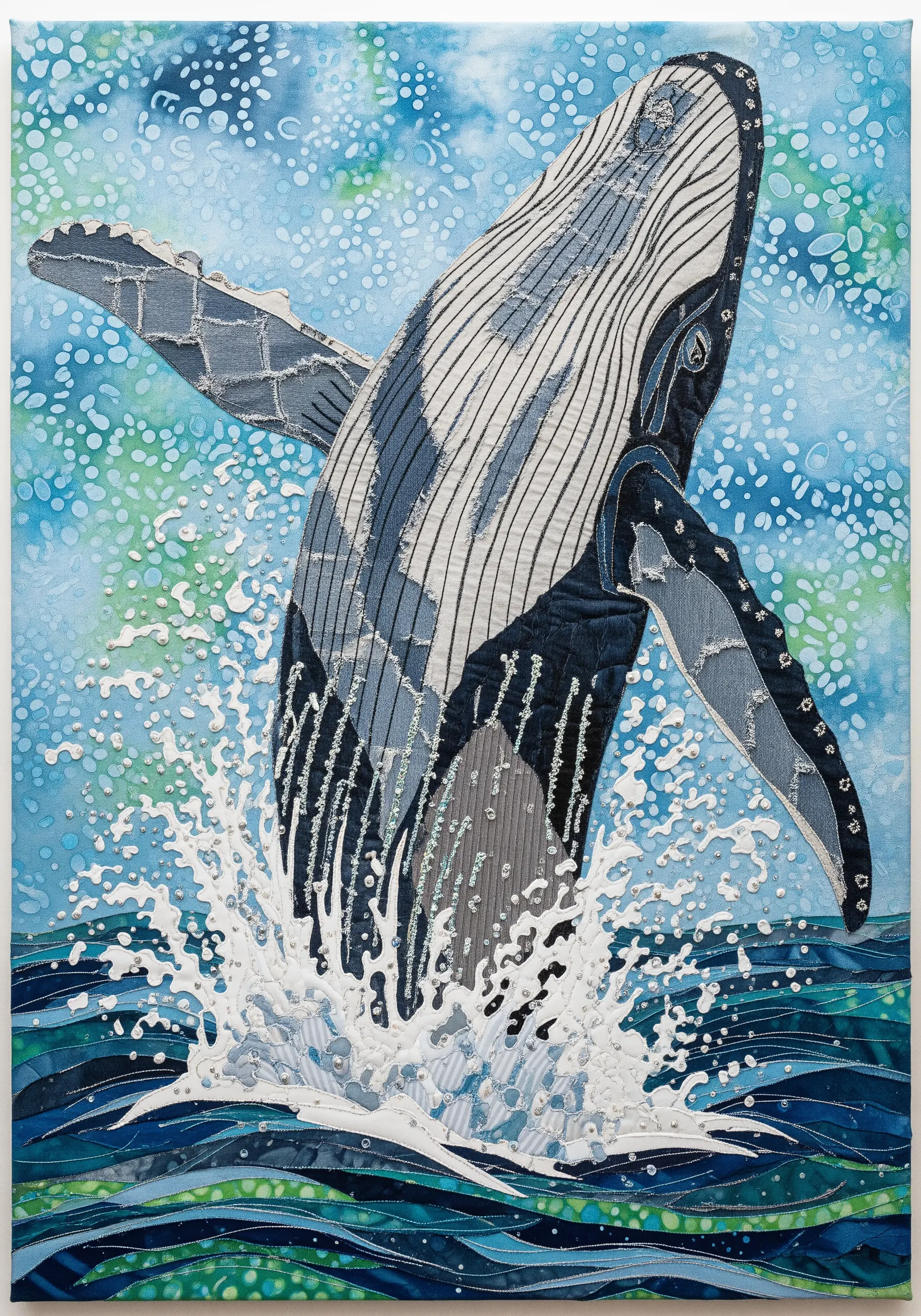 A breaching whale made from a collage of denim and blue fabric scraps, with stitched details.