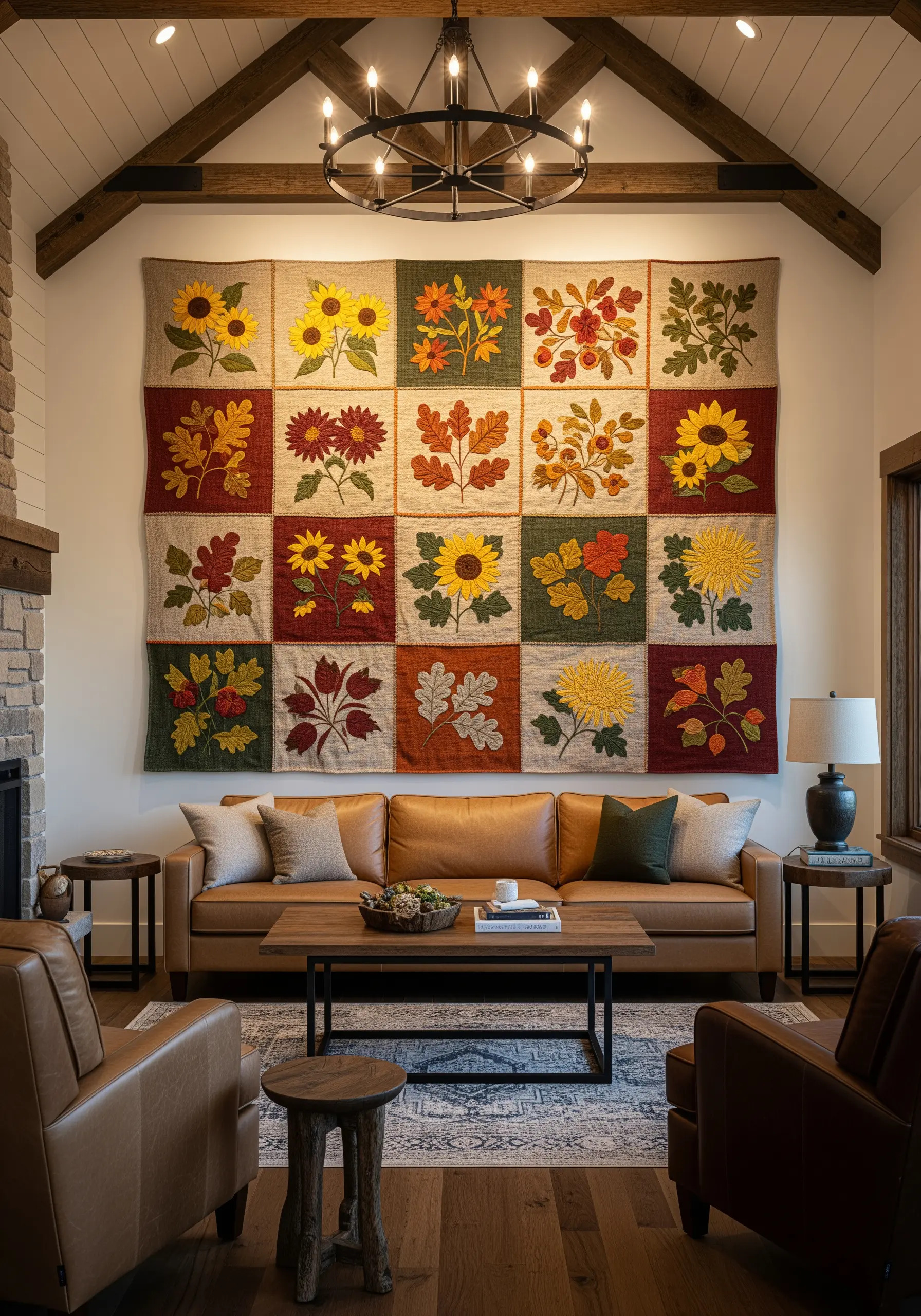 A large embroidered wall quilt with 20 squares of autumn flowers and leaves.