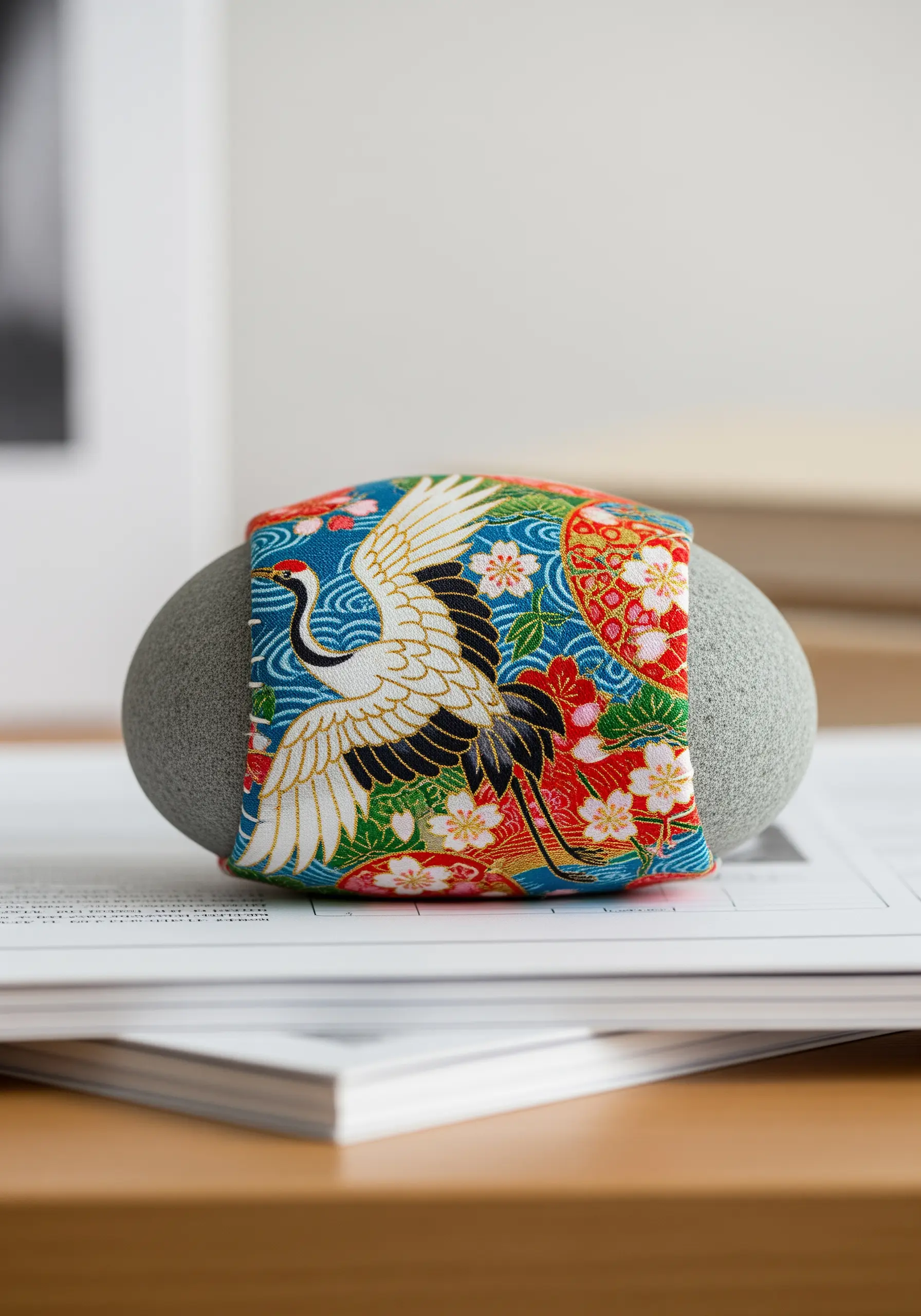 A small, rectangular paperweight made from patterned Japanese fabric, resting on a smooth grey stone.