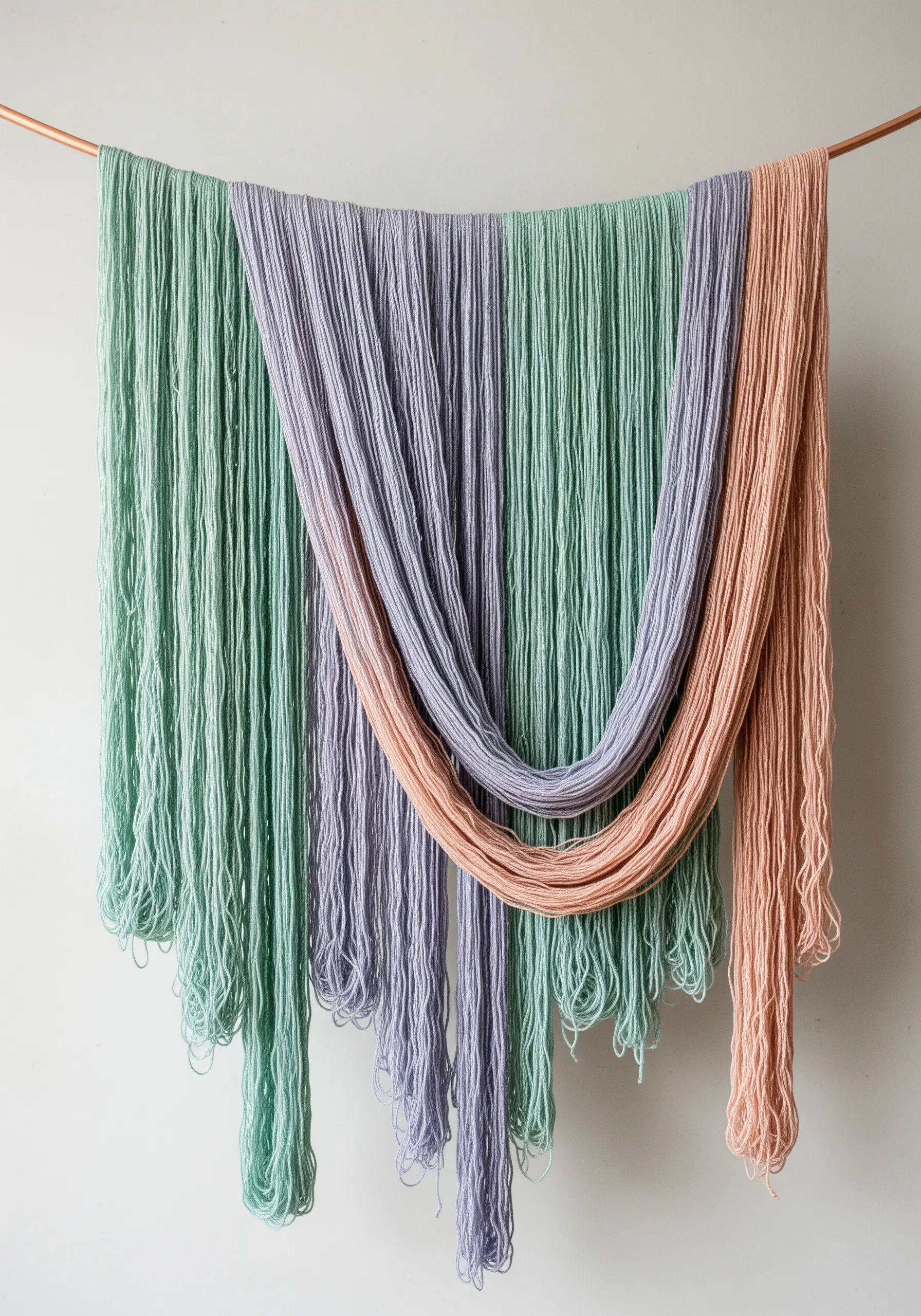 A minimalist wall hanging of draped pastel yarn in mint, lavender, and peach colors.