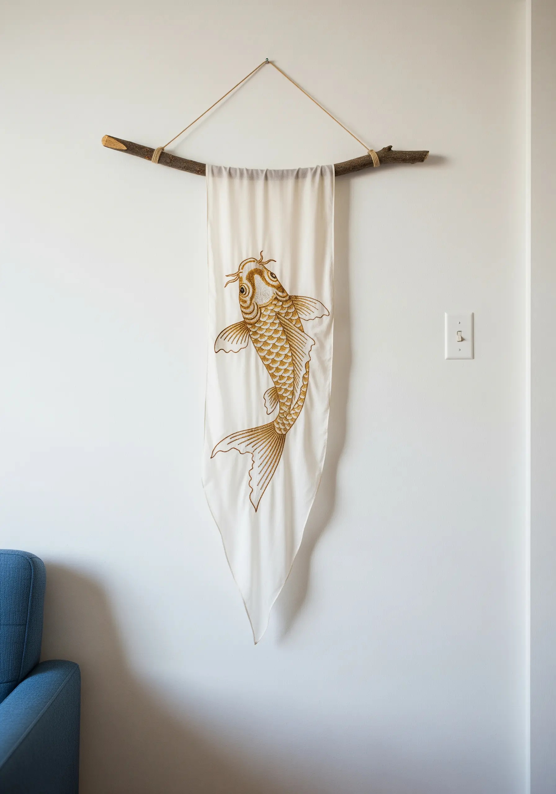 An embroidered koi fish on a silk banner hanging from a rustic tree branch.