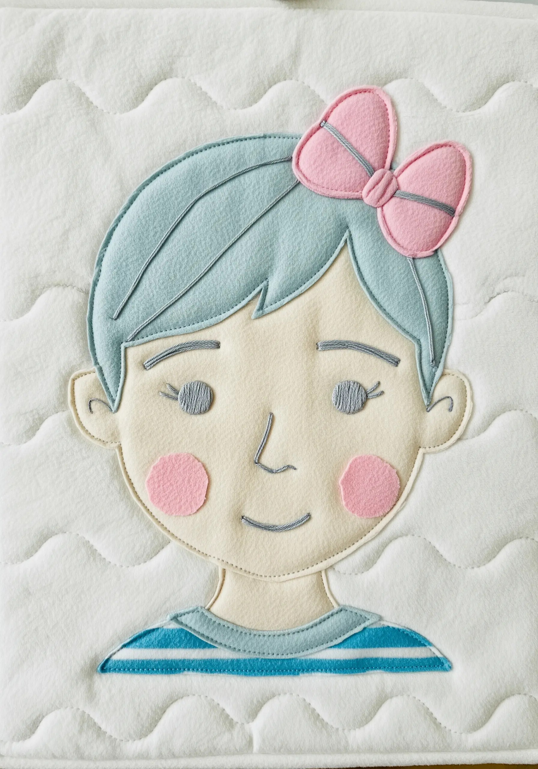 Soft felt appliqué portrait of a child with a pink bow on a quilted white background.