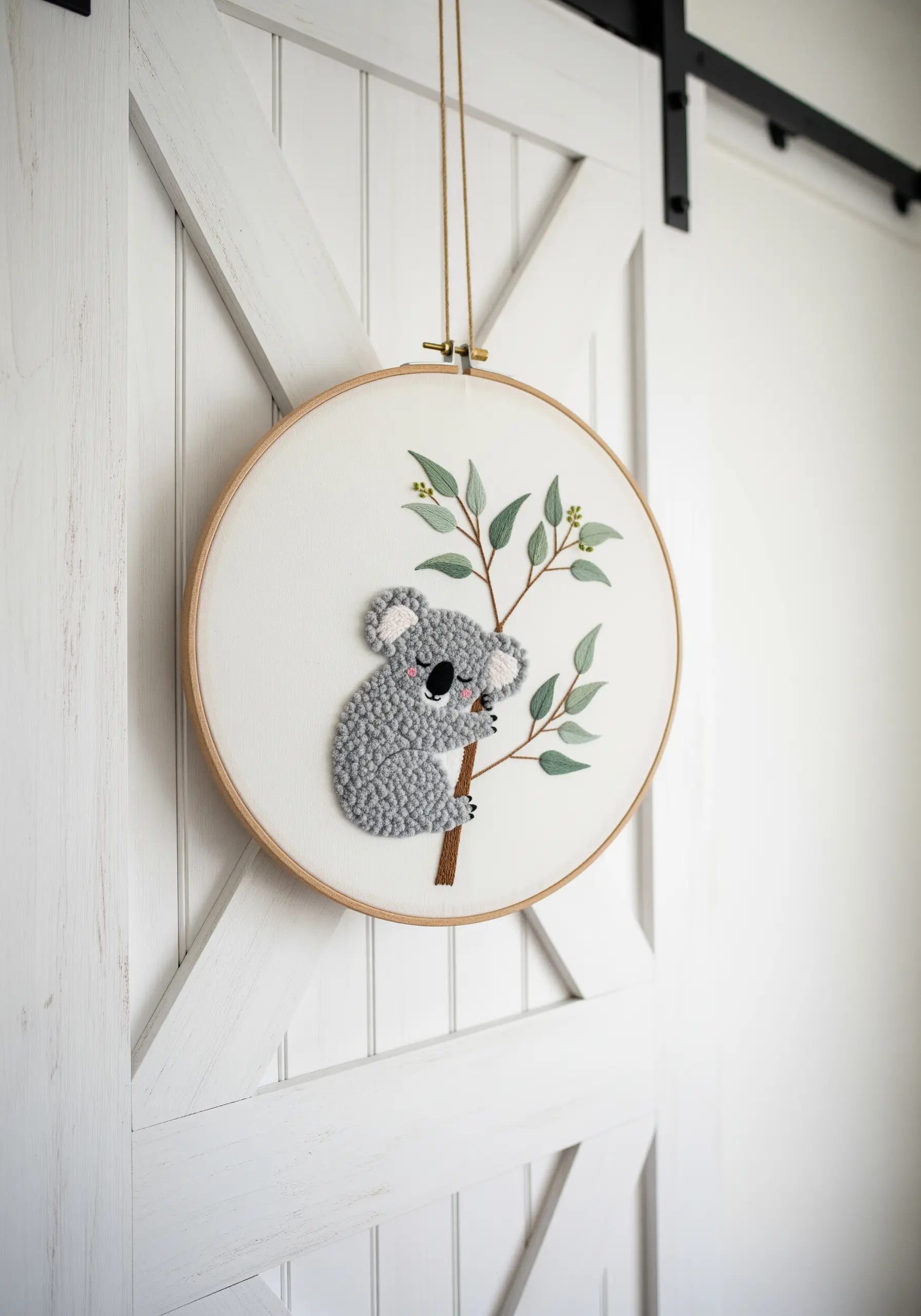 A sleeping koala on a branch, created with a gray punch needle looped texture.