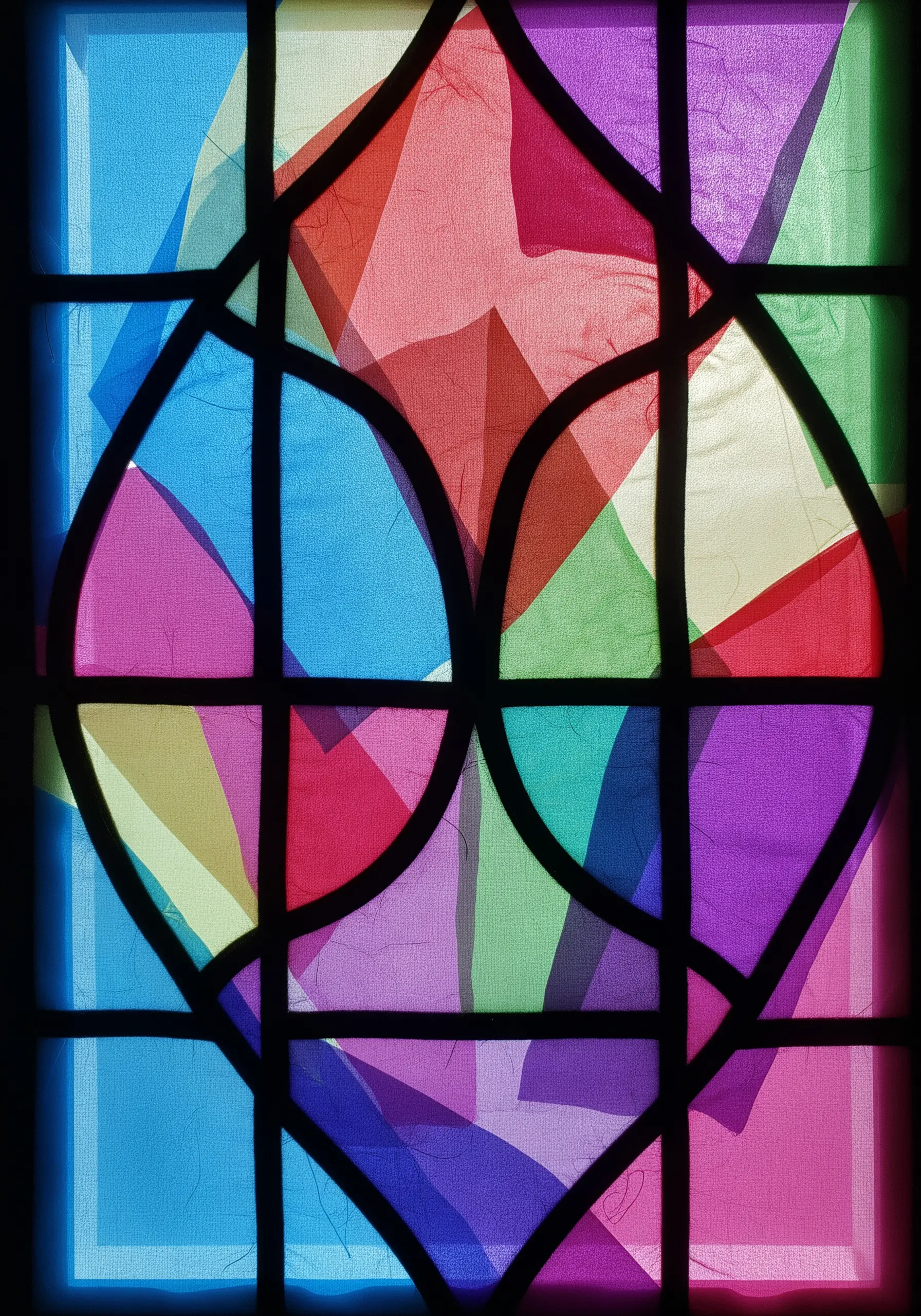 A stained glass window effect created with black strips and layered colorful sheer fabrics.