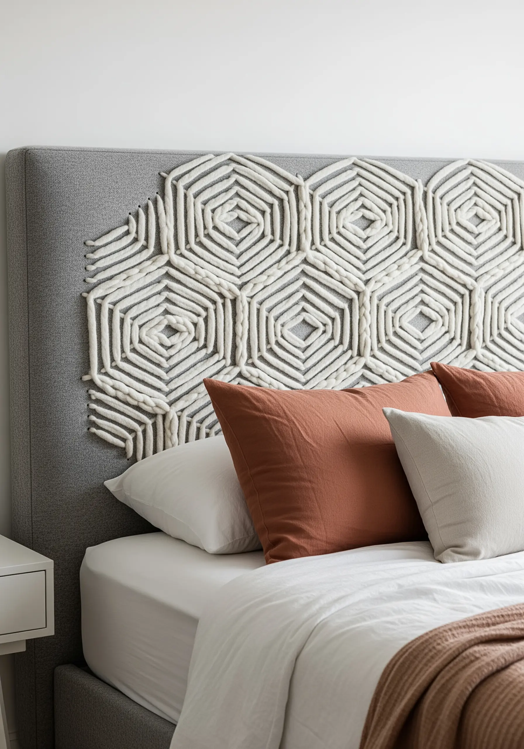 A geometric honeycomb pattern made with thick white yarn on a grey upholstered headboard.