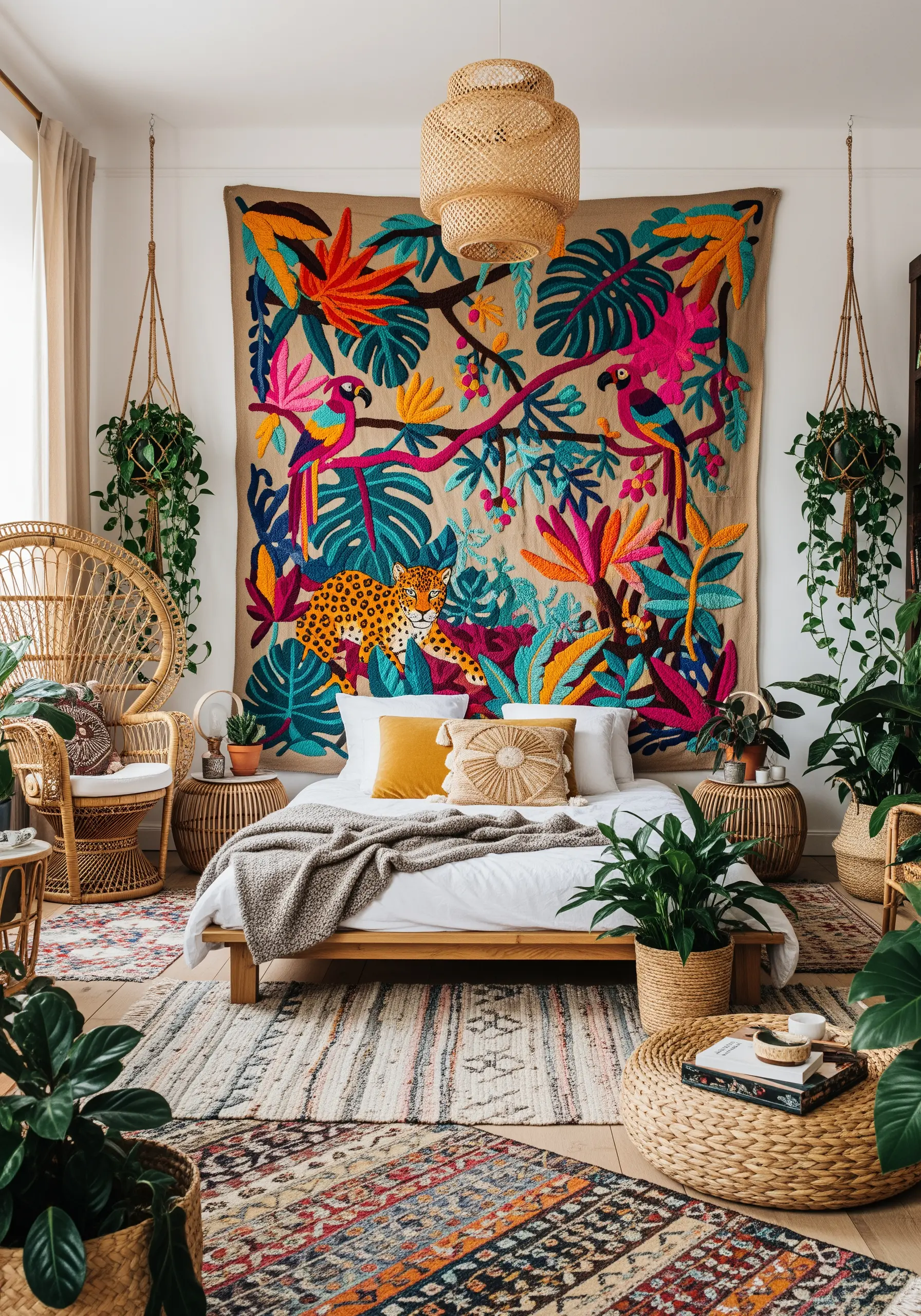 A large, colorful embroidered wall tapestry depicting a vibrant jungle scene with a leopard and parrots.