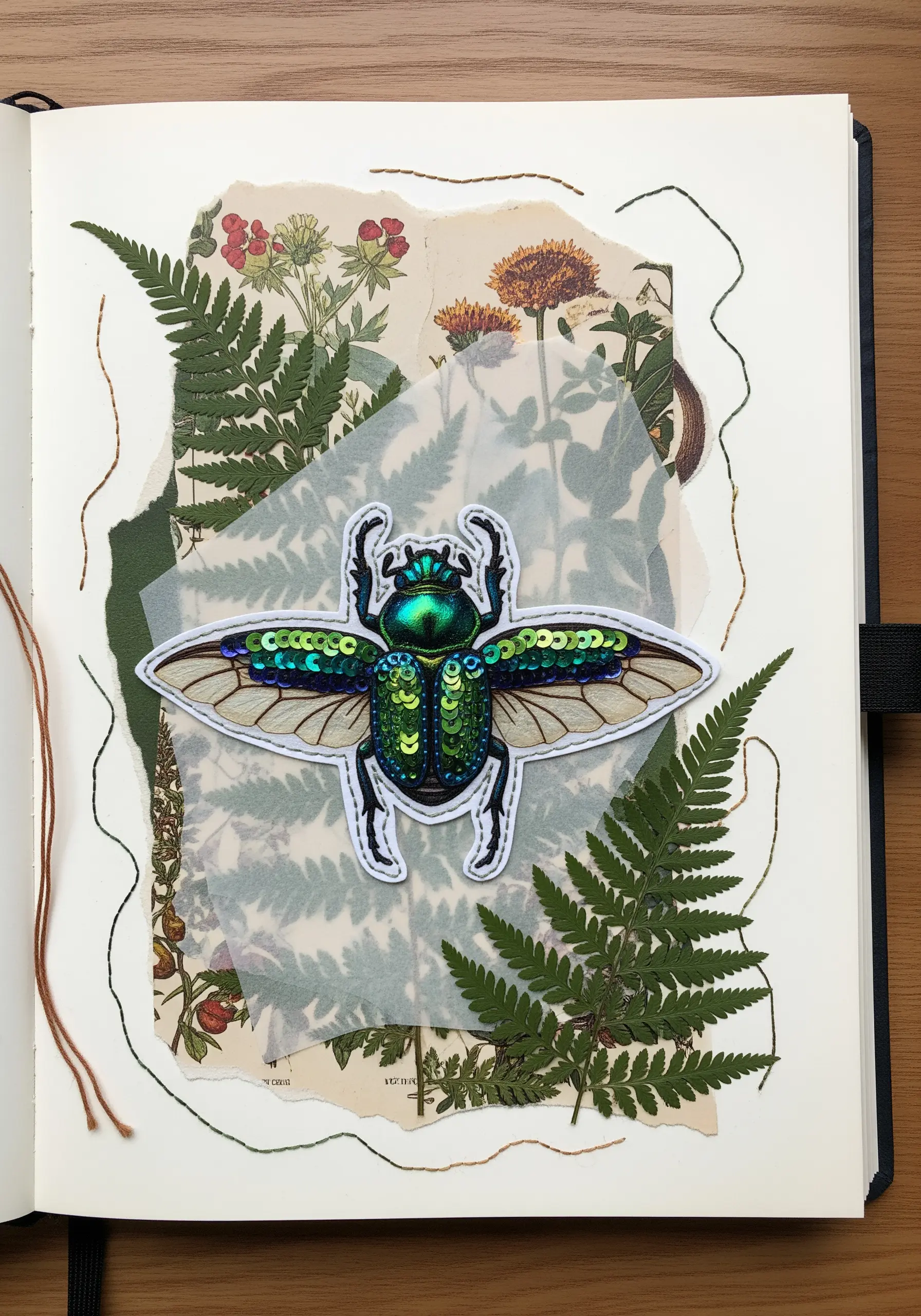 A journal page with layered botanical papers, pressed ferns, and a sequined beetle embroidery patch.