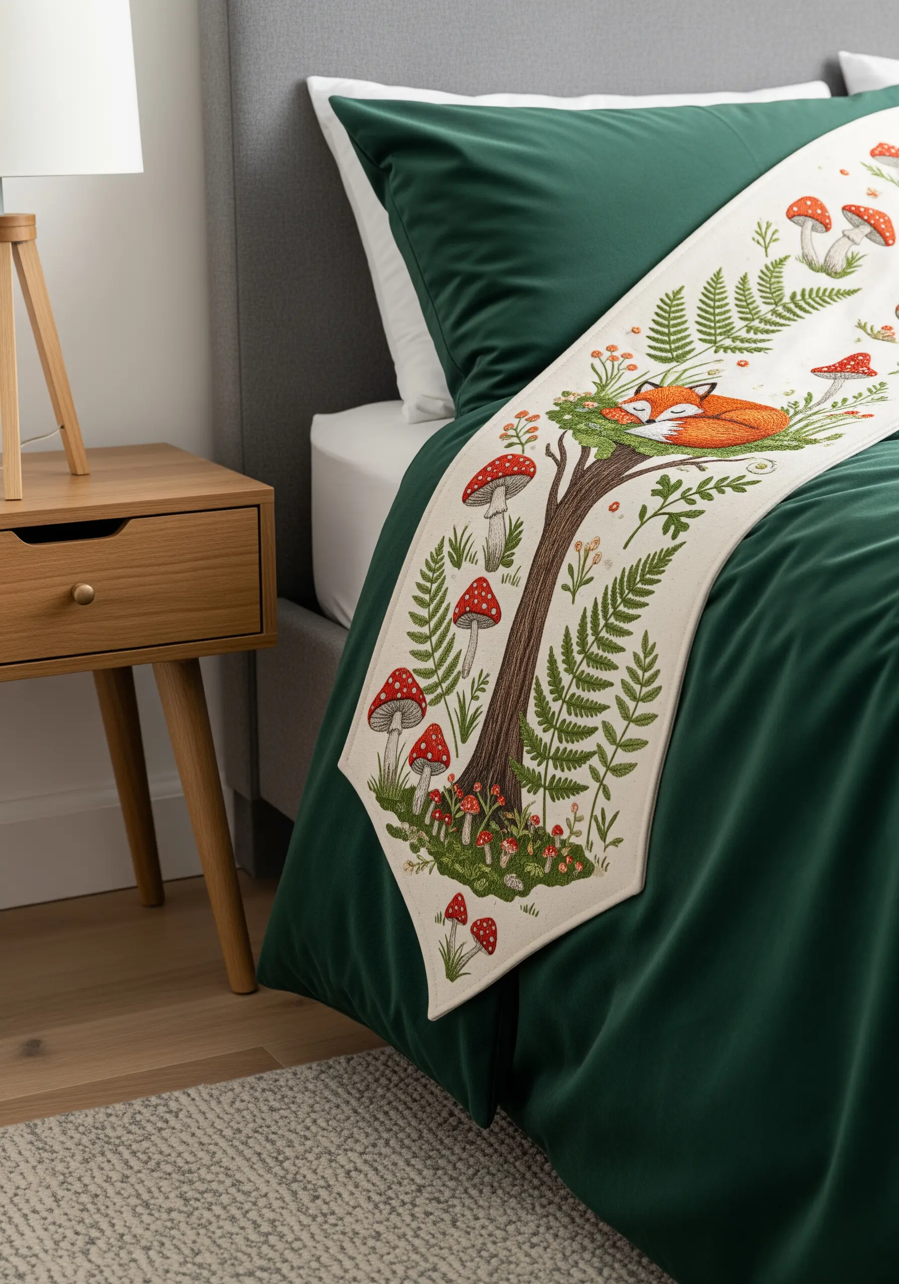 An embroidered bed runner with a detailed woodland scene featuring a sleeping fox, ferns, and mushrooms.