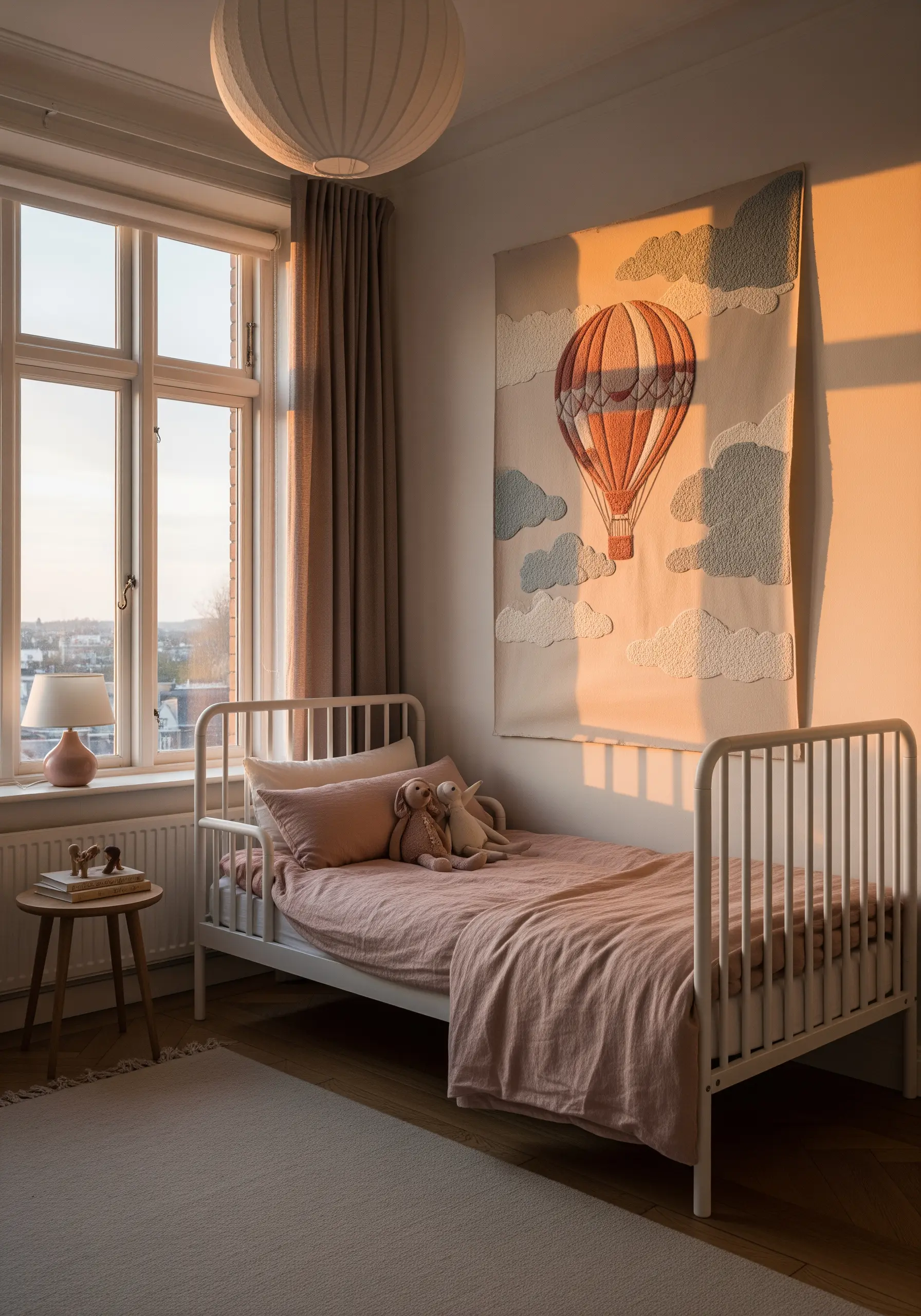 A large wall hanging of a hot air balloon with appliquéd clouds.