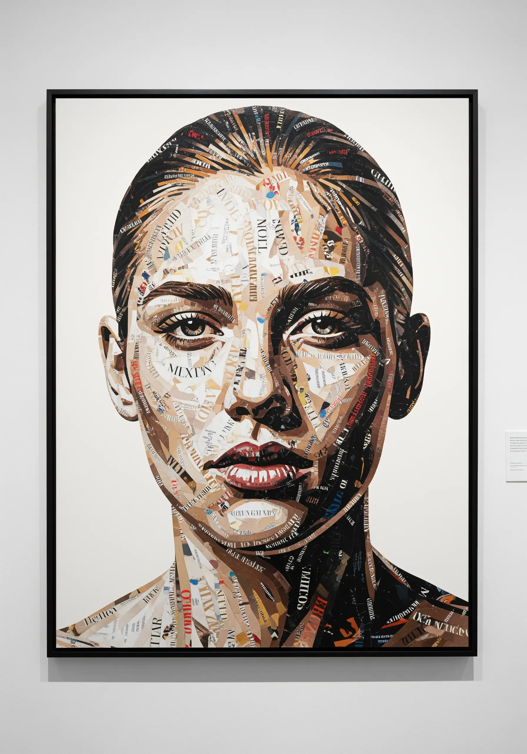 A realistic portrait of a woman's face created entirely from a collage of magazine clippings.
