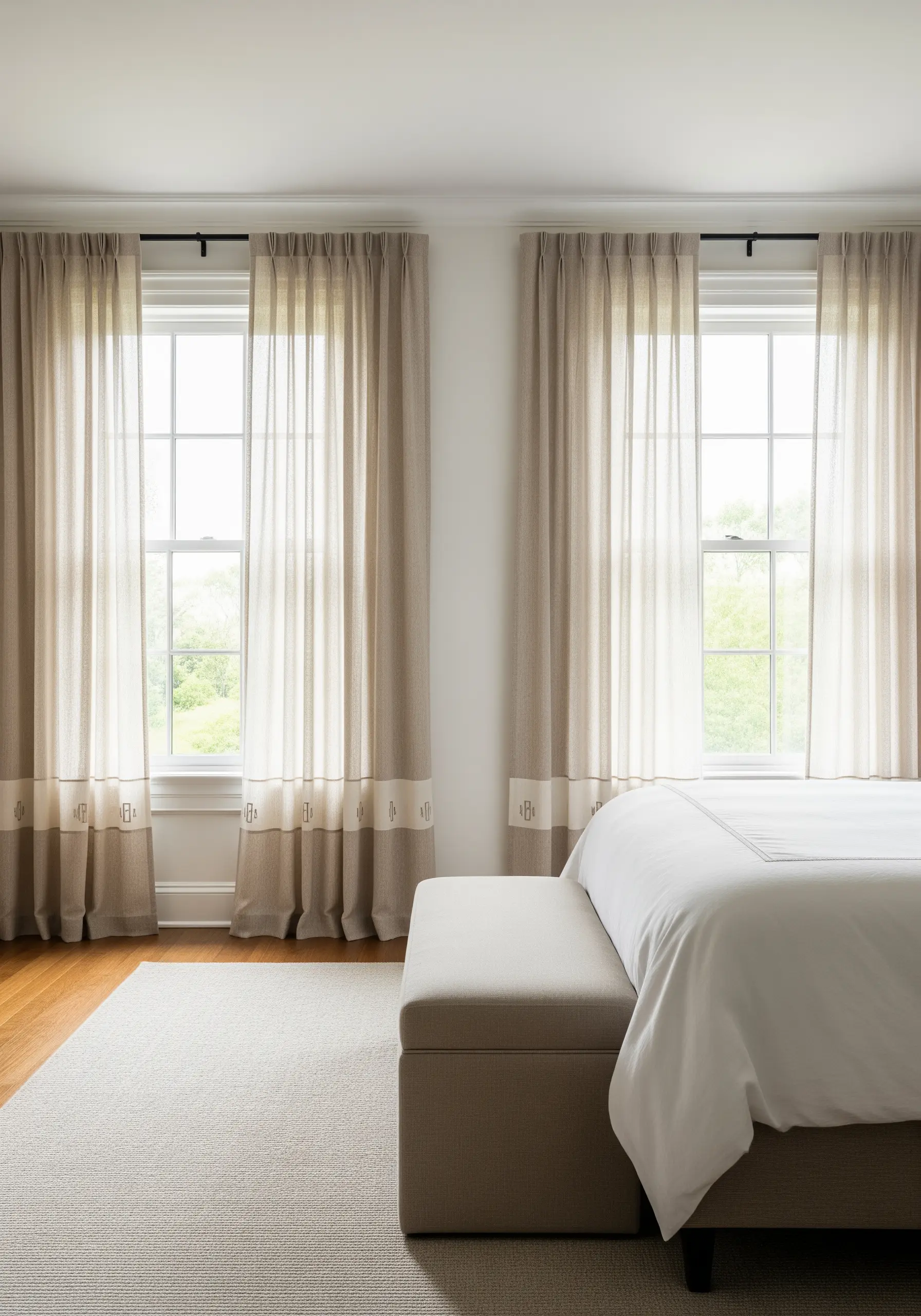 A repeating band of classic monograms embroidered on the lower section of sheer linen curtains.