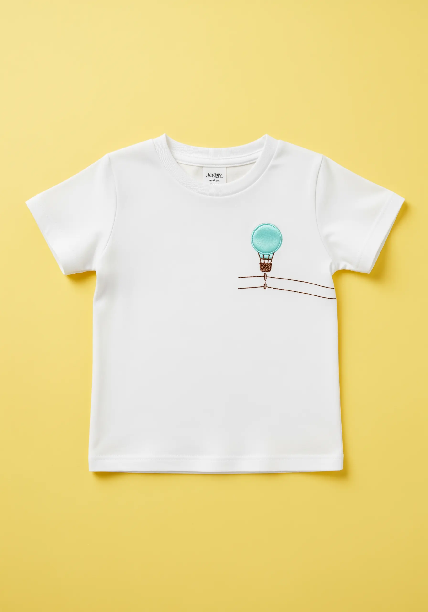 A small embroidered hot air balloon with a subtle sheen on a white t-shirt.