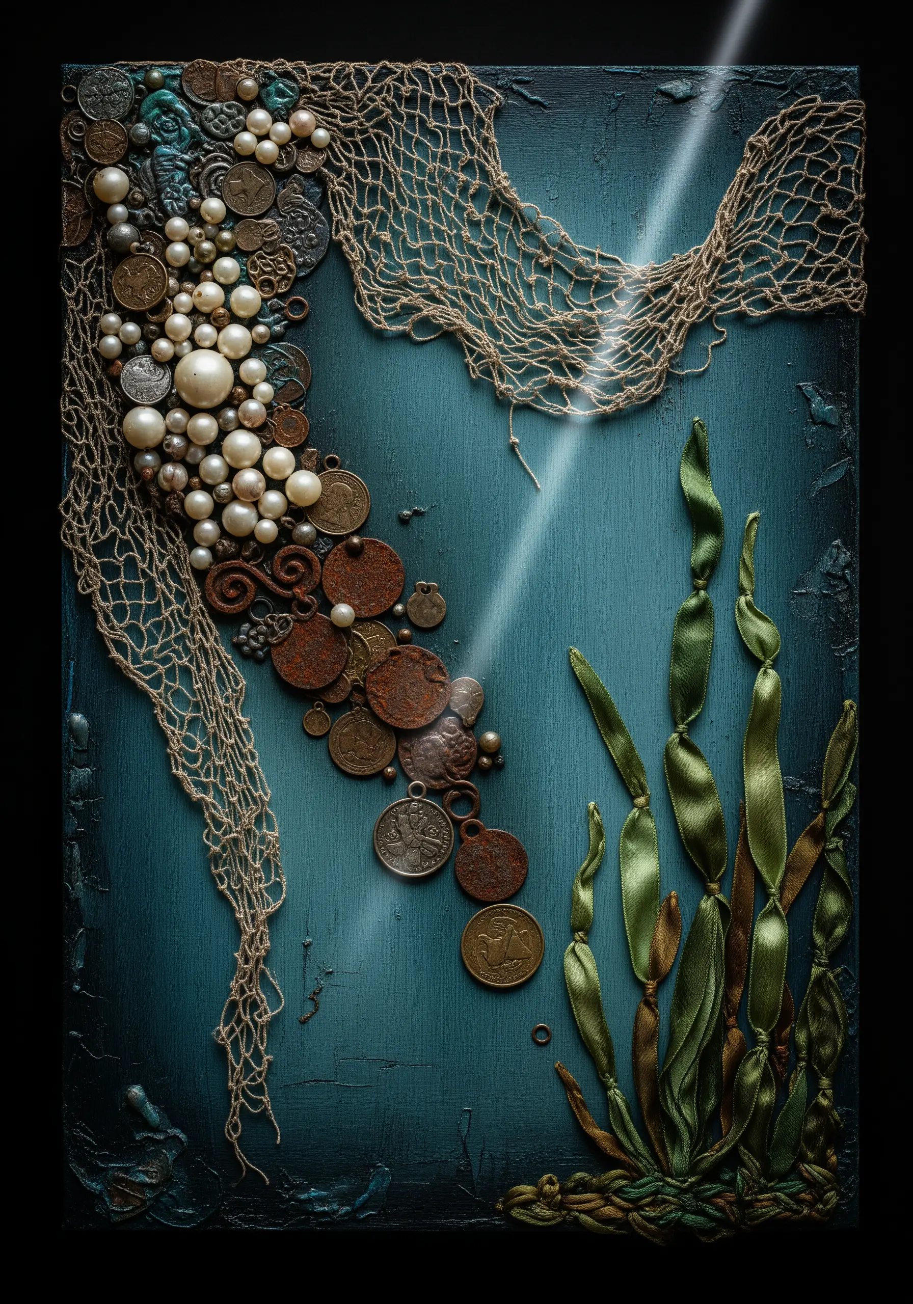 A mixed-media collage of sunken treasure with netting, coins, pearls, and knotted silk ribbon.