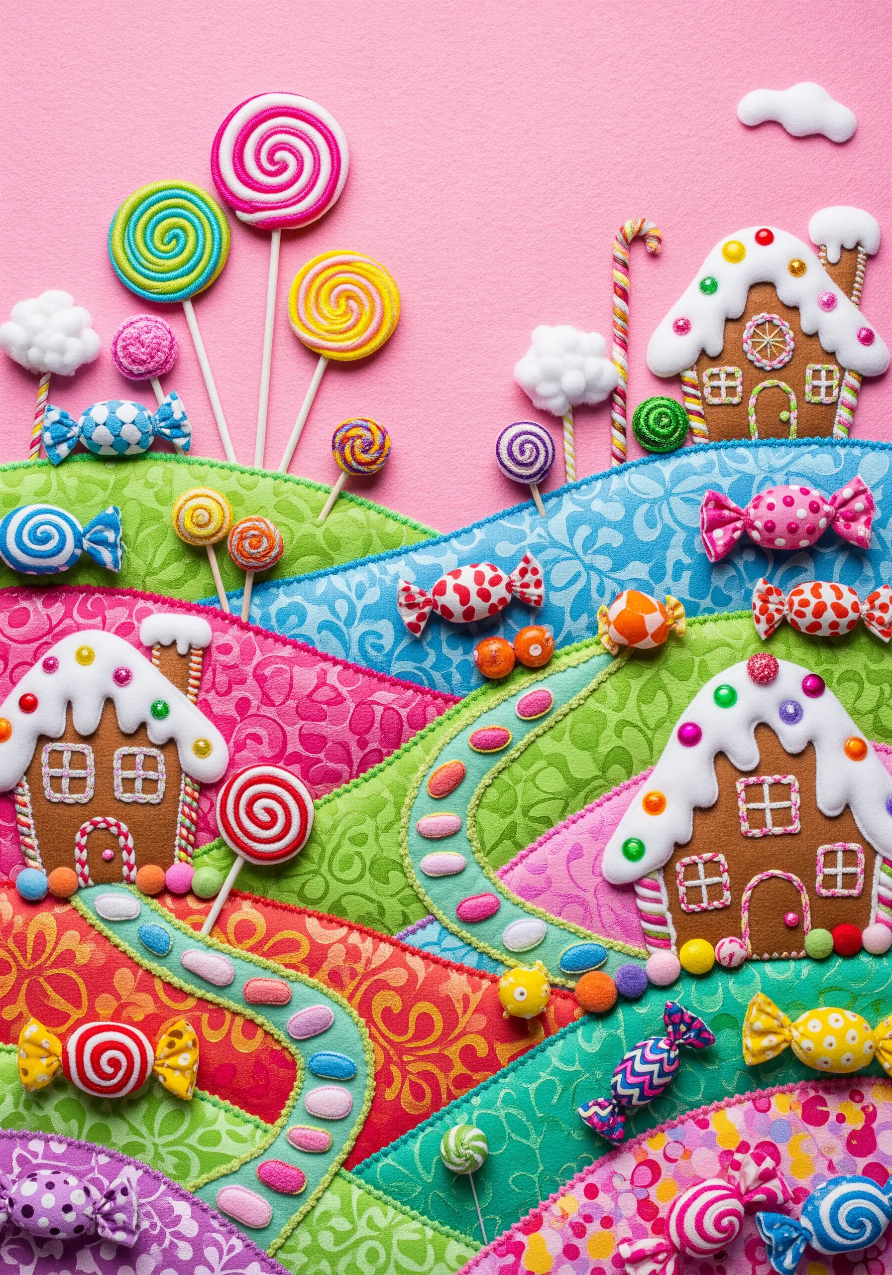 A colorful candy-land landscape made with patterned fabric, felt appliqué, and real lollipops.
