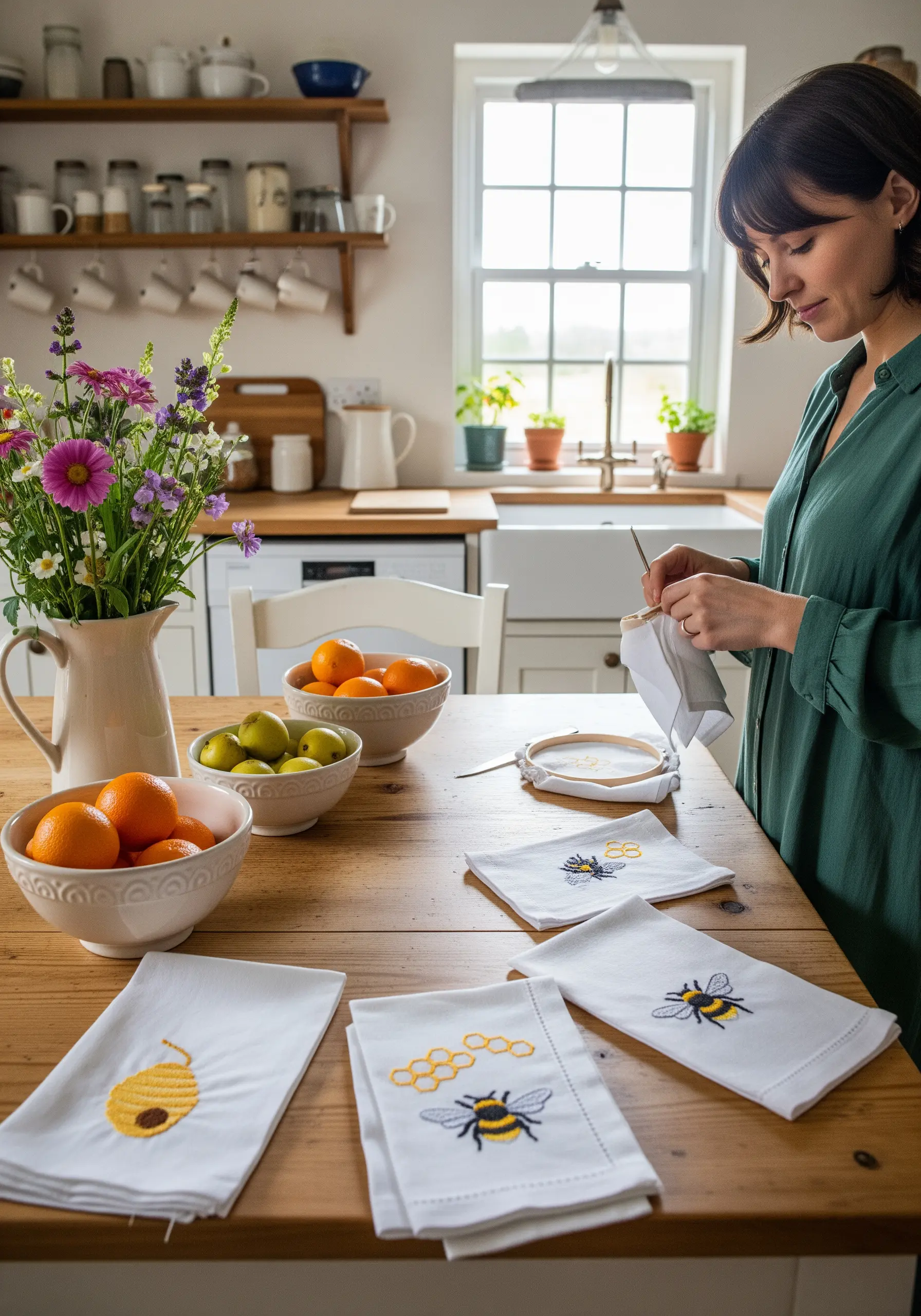 A woman embroidering bee and honeycomb motifs onto white kitchen napkins