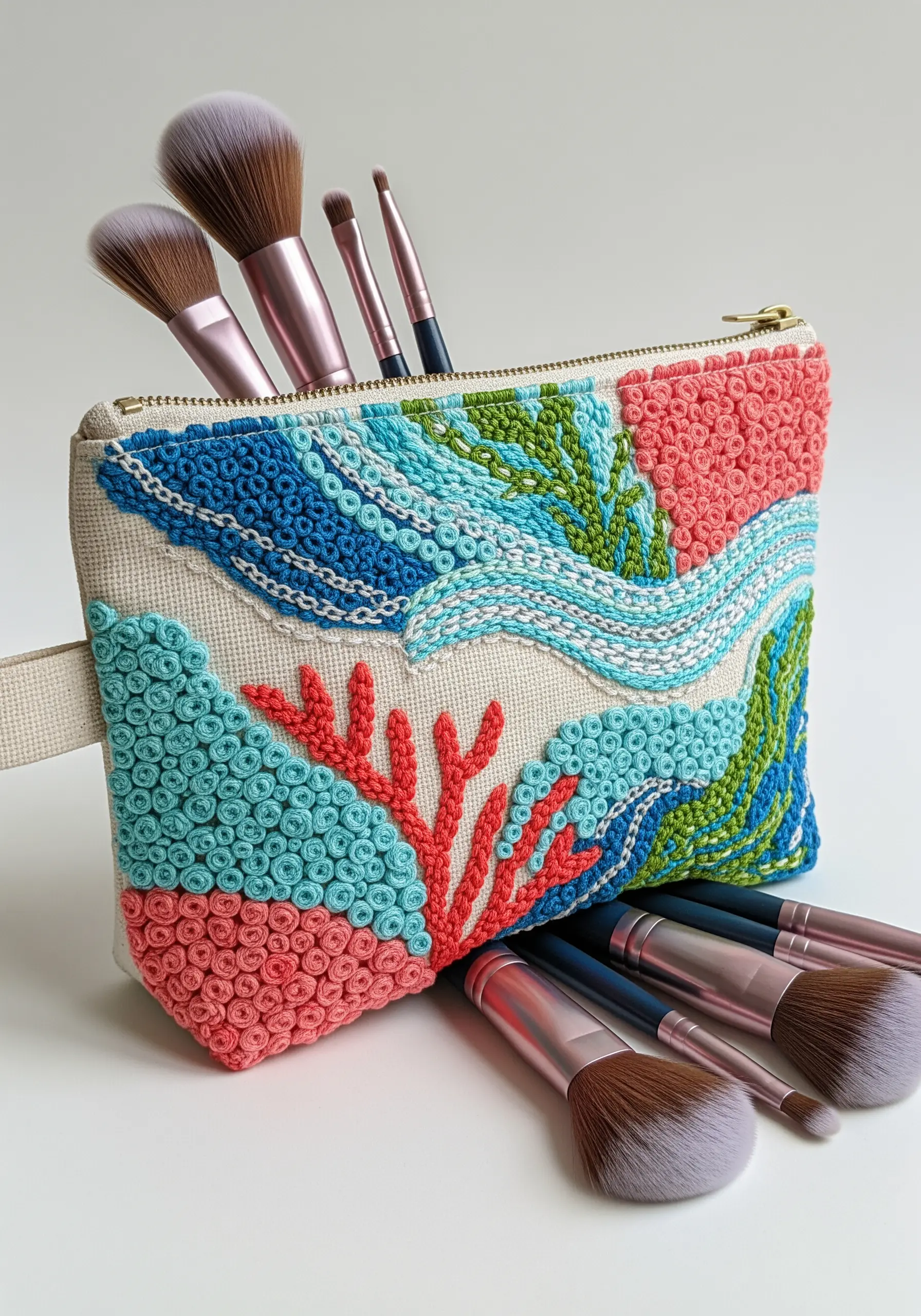 A canvas pouch with a highly textured, embroidered ocean scene using French knots in blues, greens, and coral.