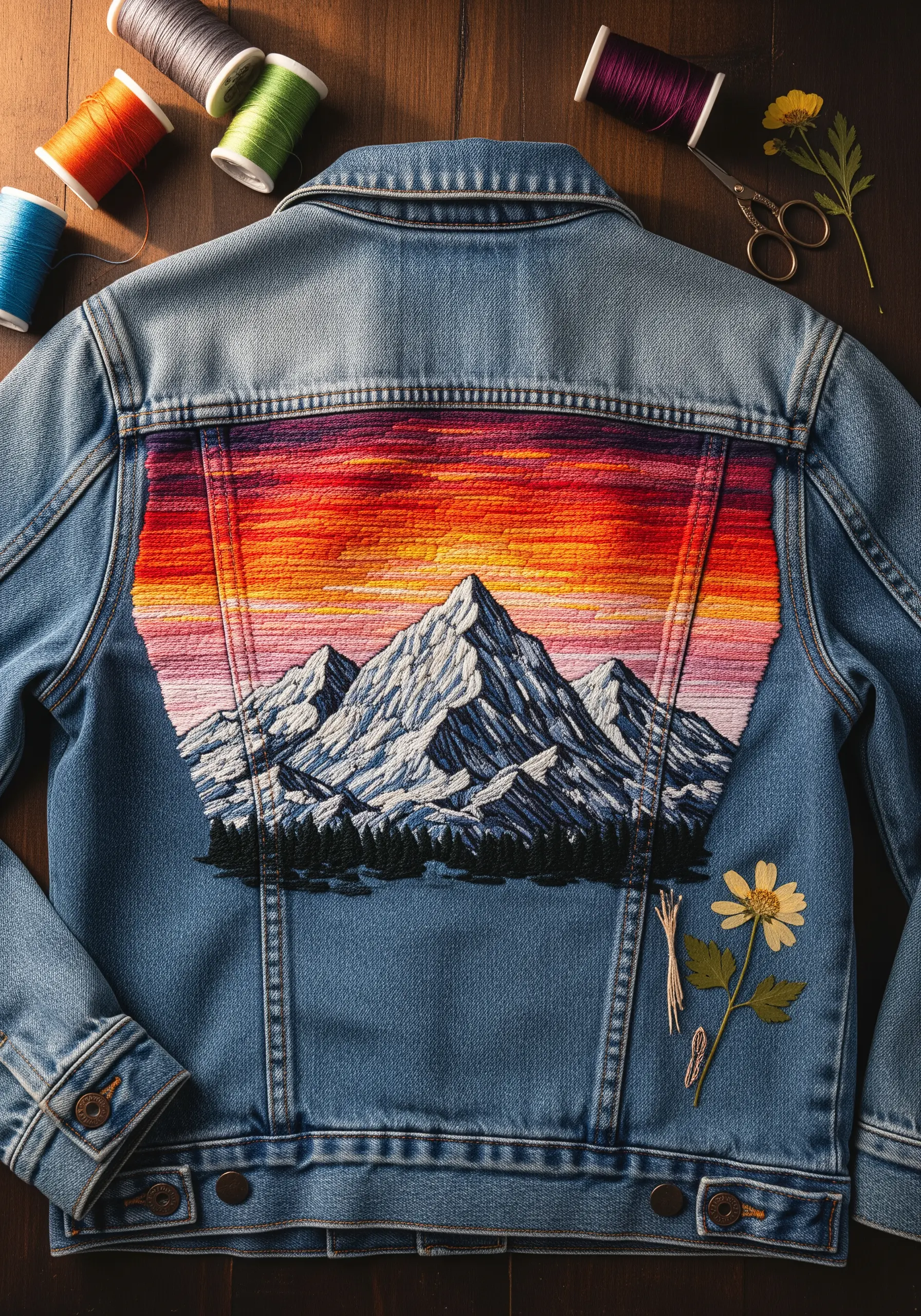 Detailed embroidery of a mountain range with a vibrant sunset sky on the back of a denim jacket.