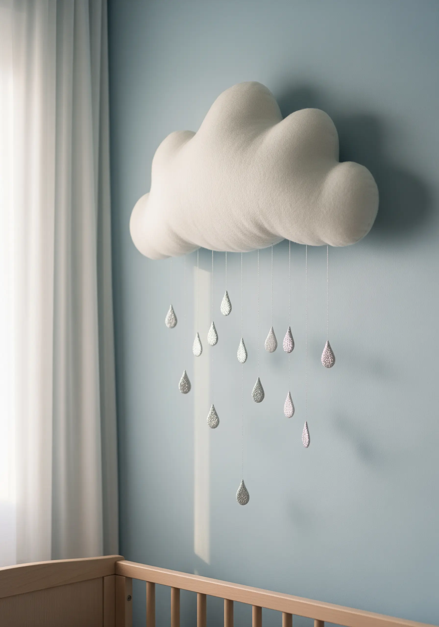 A plush white cloud wall hanging with shimmering silver raindrops suspended on threads.