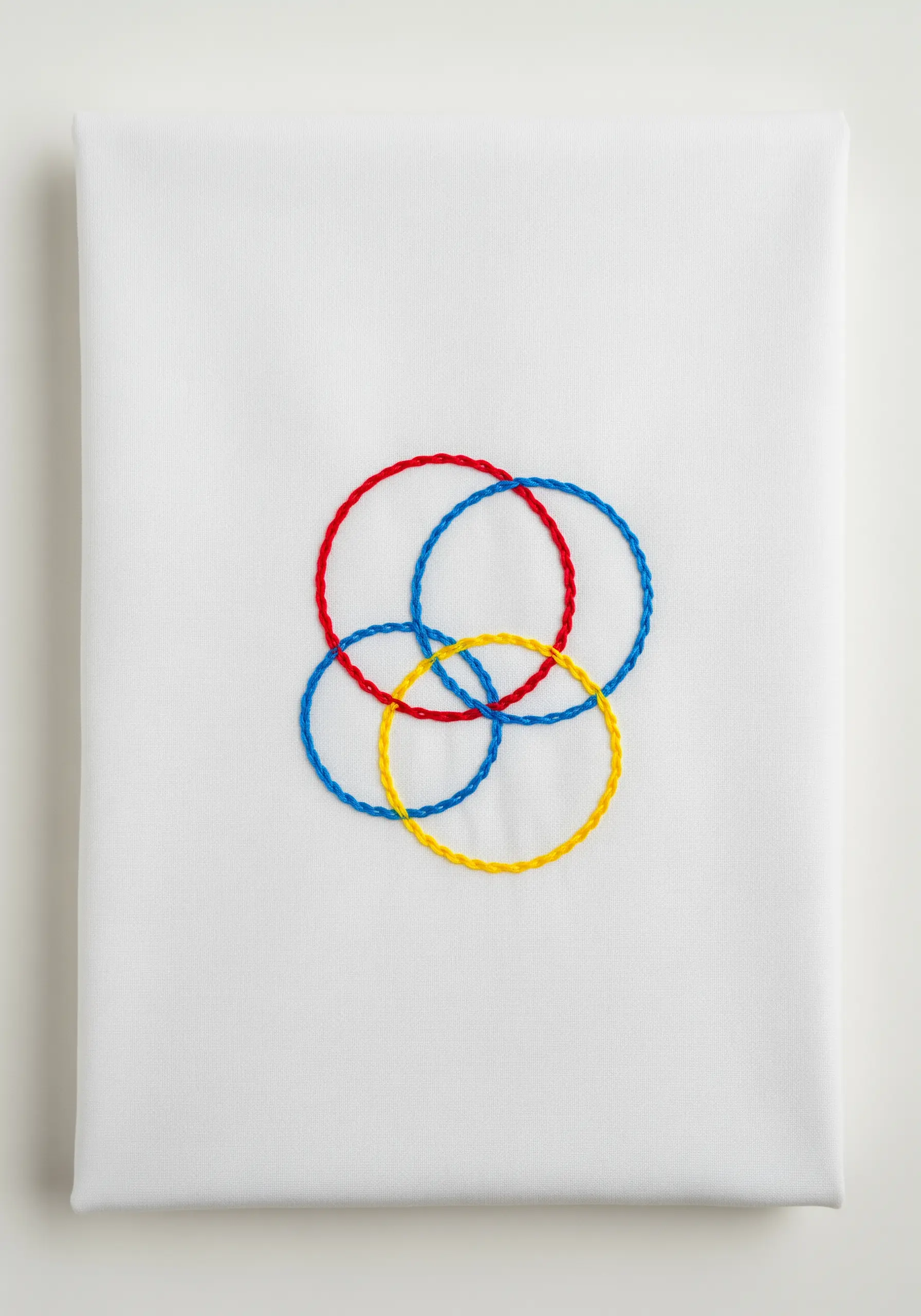 Four overlapping rings embroidered in red, blue, and yellow thread on a white pillowcase.