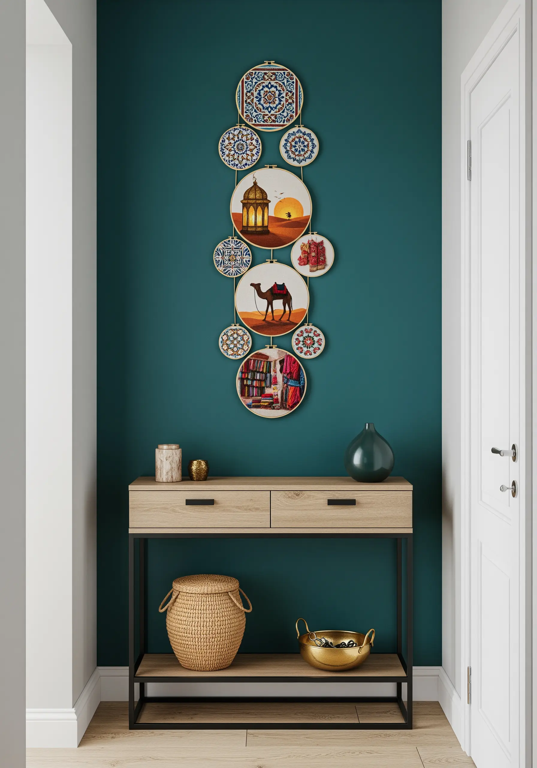 A vertical arrangement of Morocco-themed embroidery hoops in various sizes on a dark teal wall.