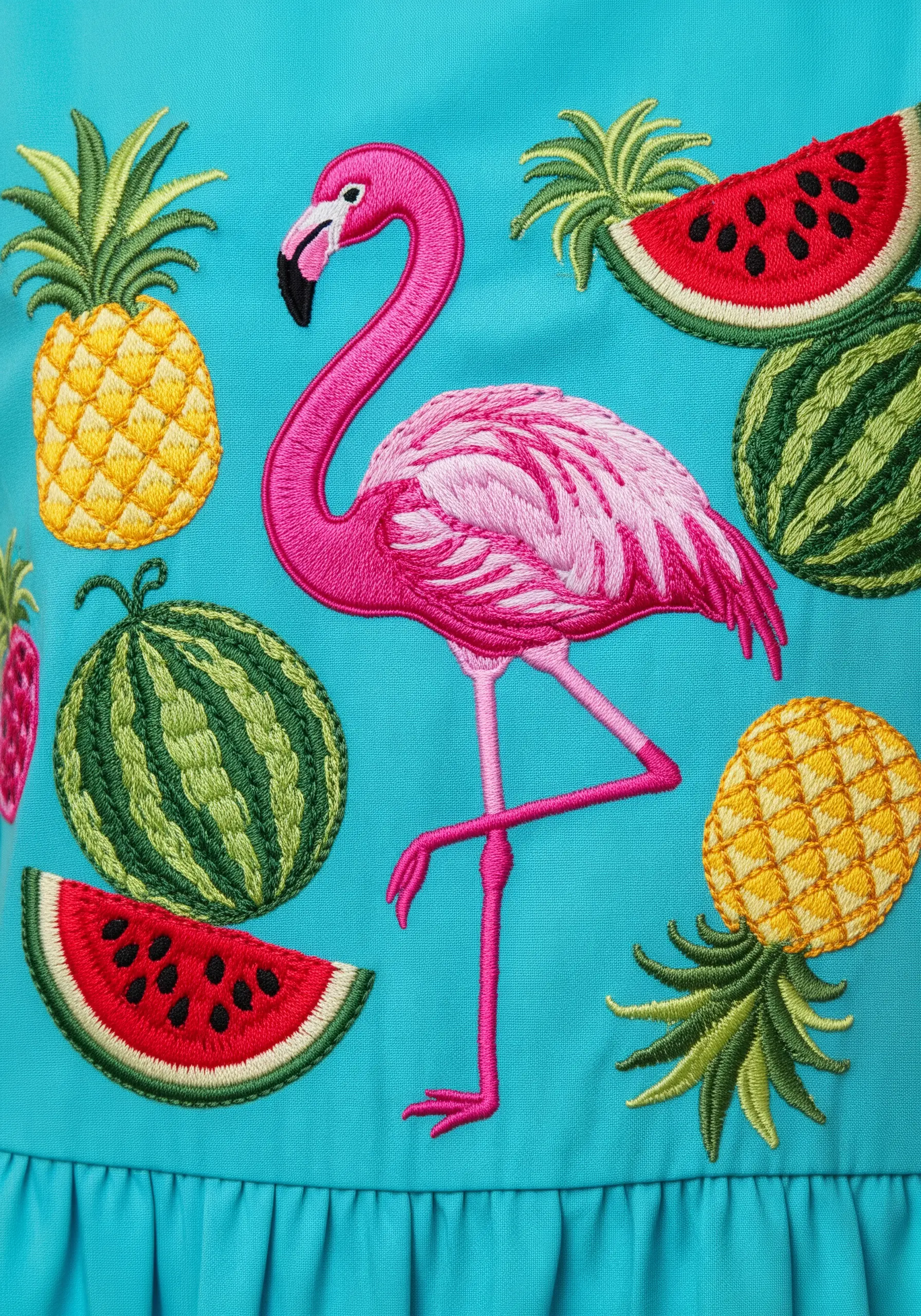 A central flamingo on a blue dress surrounded by embroidered pineapples and watermelons.