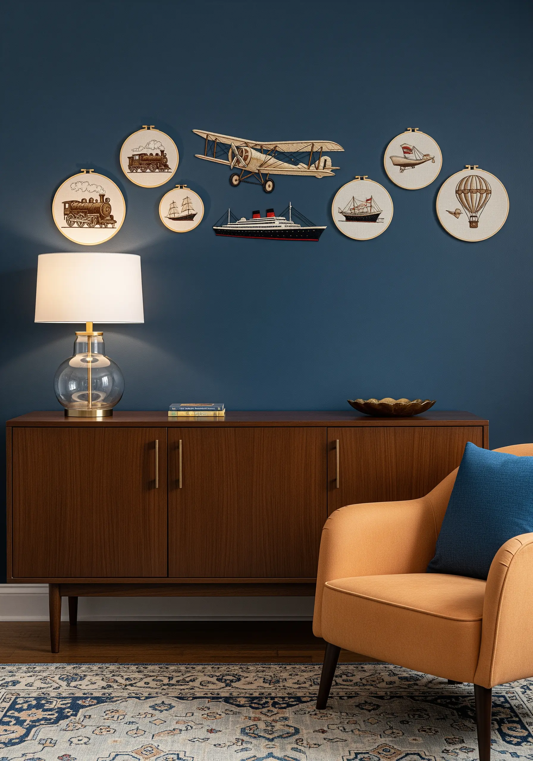 A display of vintage transportation embroidery and wooden models, including trains and planes.