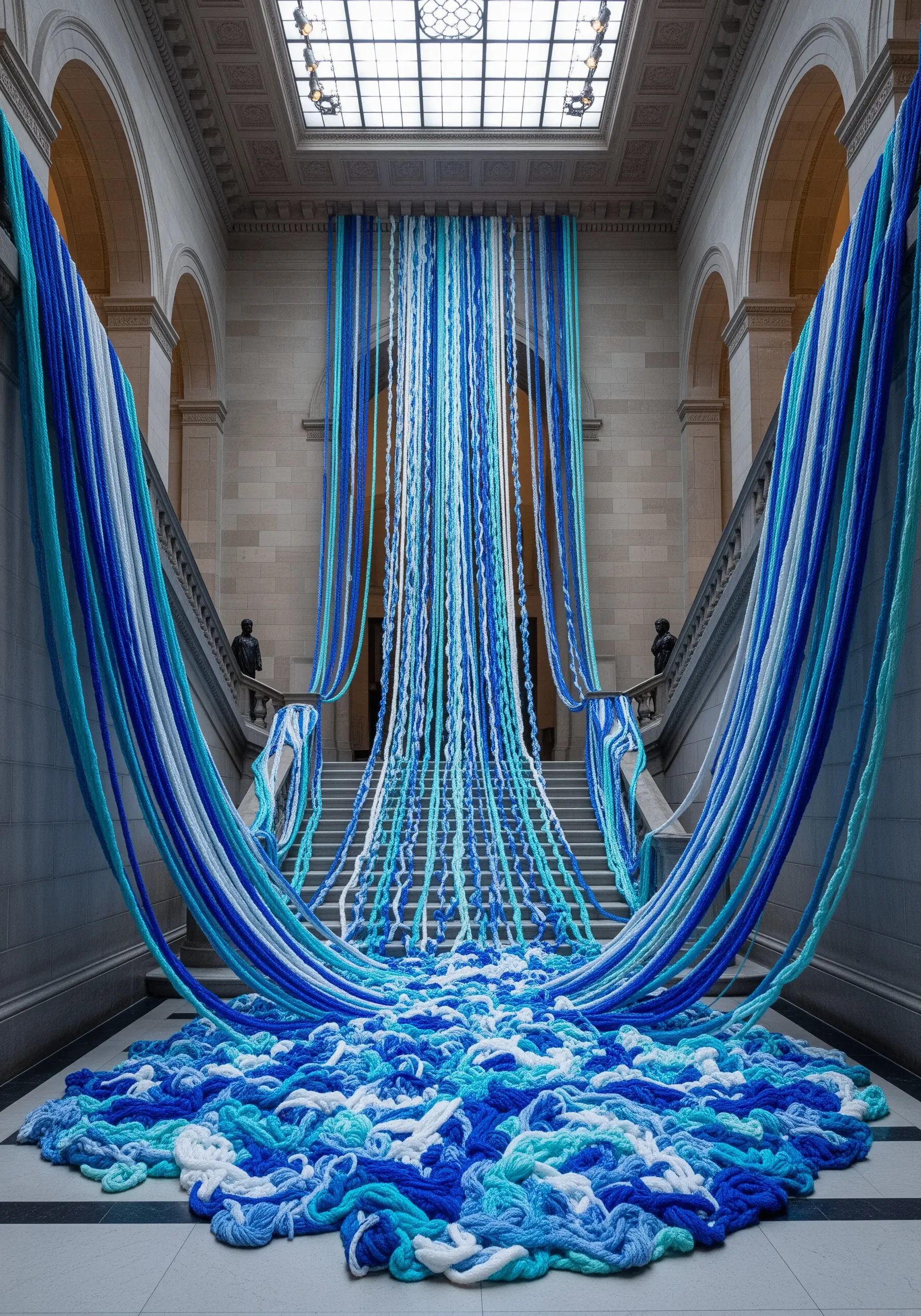 Floor-to-ceiling yarn installation in shades of blue cascading down a grand staircase.