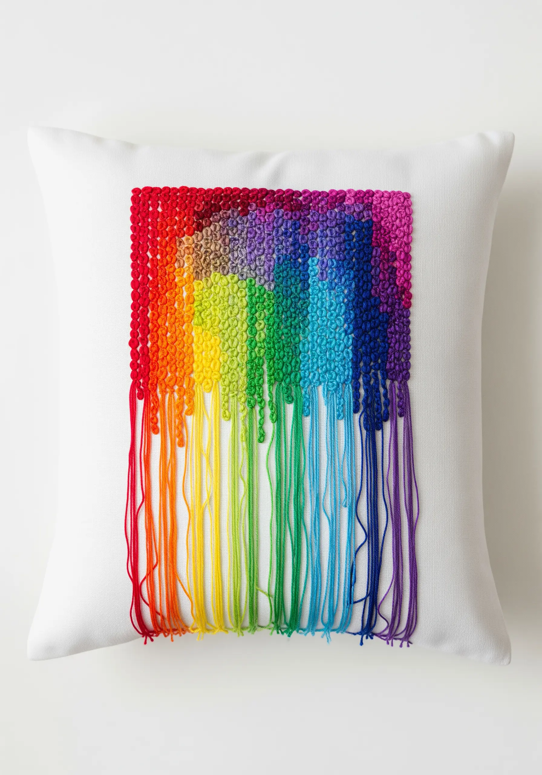 A white pillow with an embroidered rainbow made of textured knots and long, dripping thread fringe.
