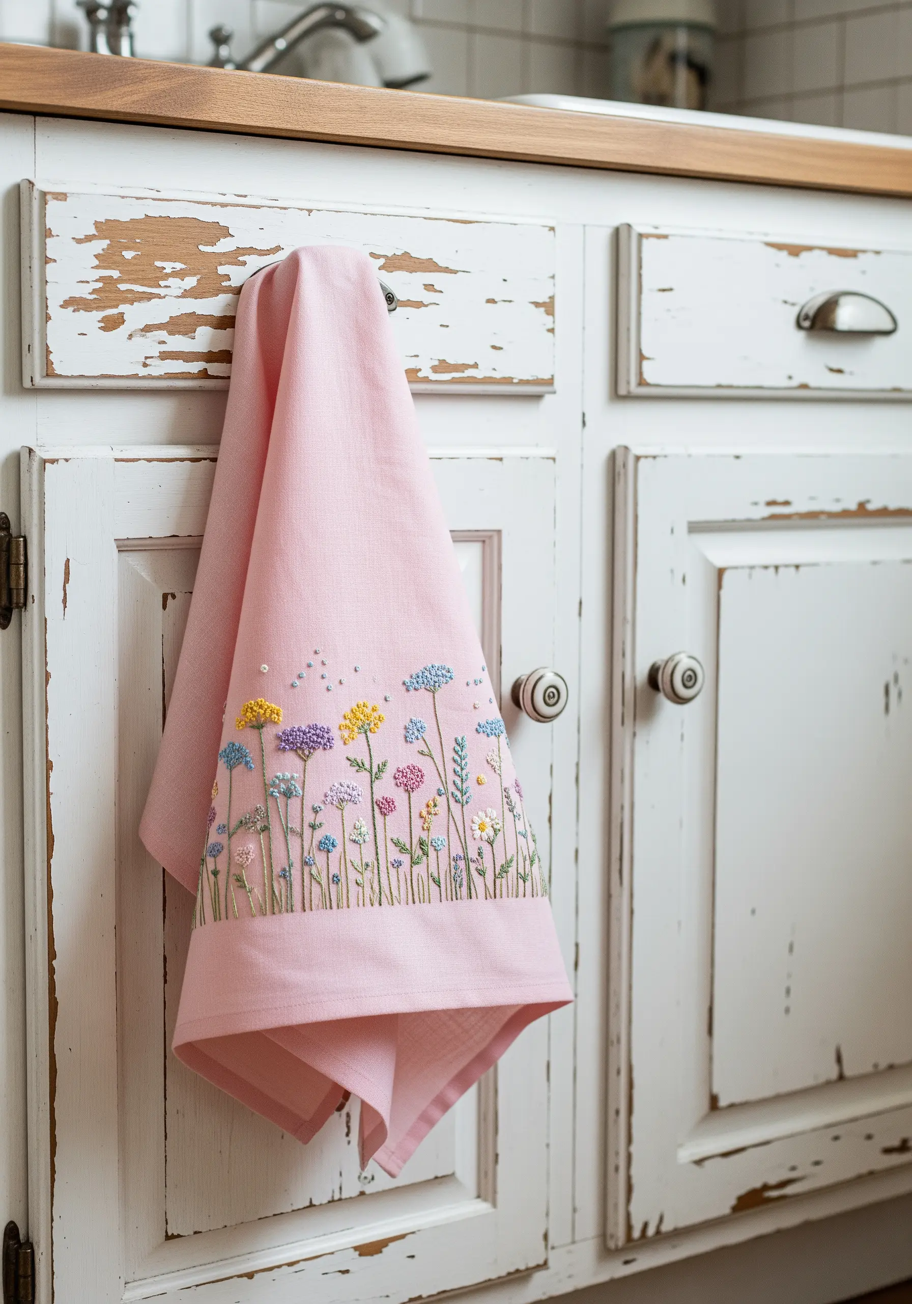 A delicate border of colorful embroidered wildflowers on a pink linen towel.