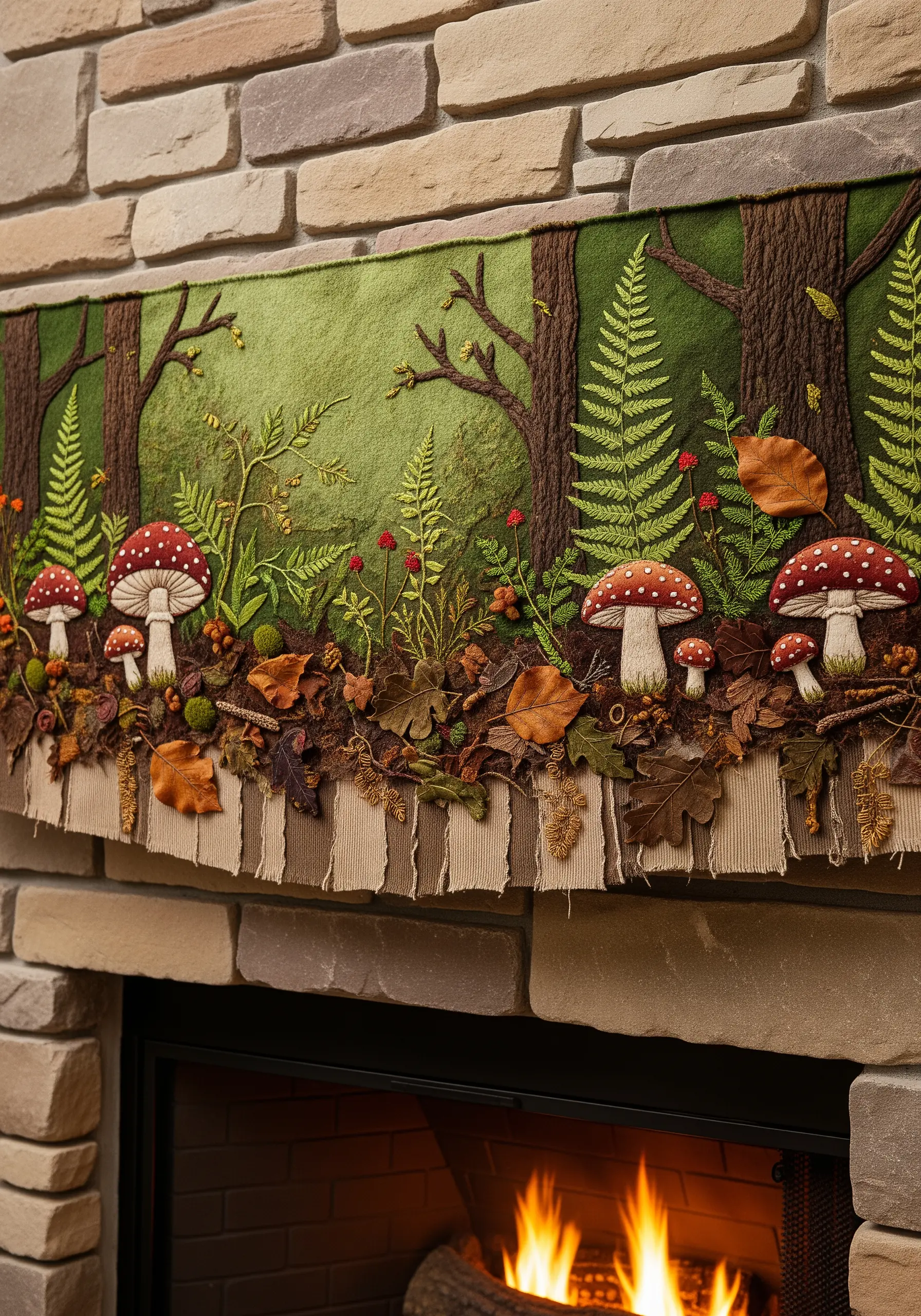 A detailed woodland scene made from layered felt and embroidery, featuring mushrooms and ferns.