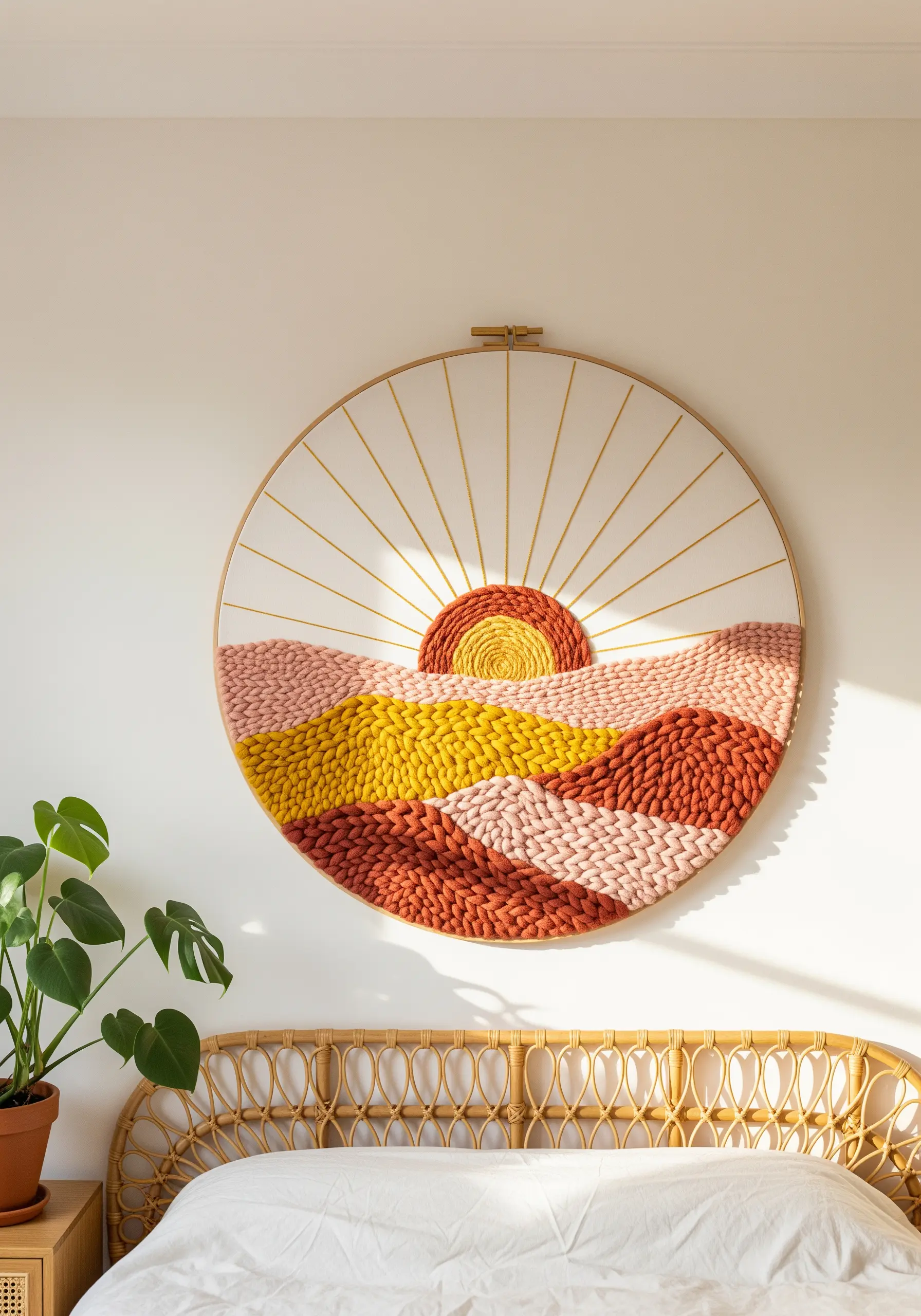 Large-scale hoop art with chunky yarn creating a textured sunset landscape over a bed.