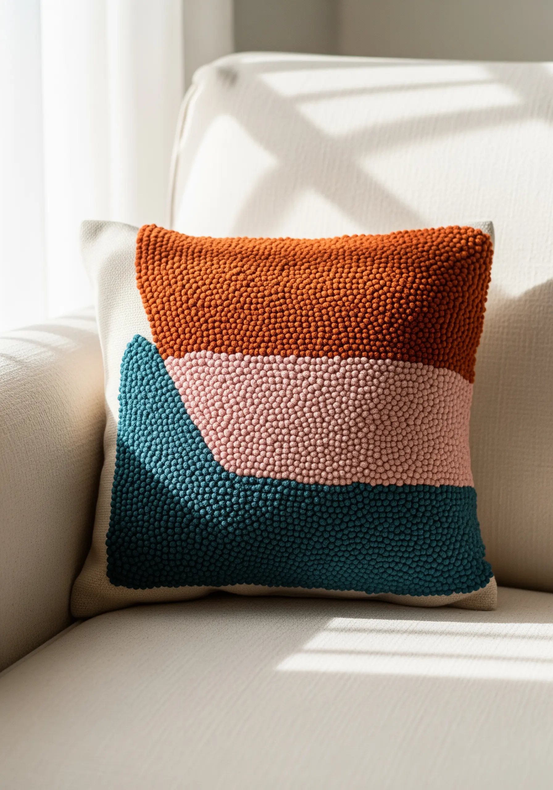 A punch needle cushion with abstract, wavy color blocks in orange, pink, and teal.