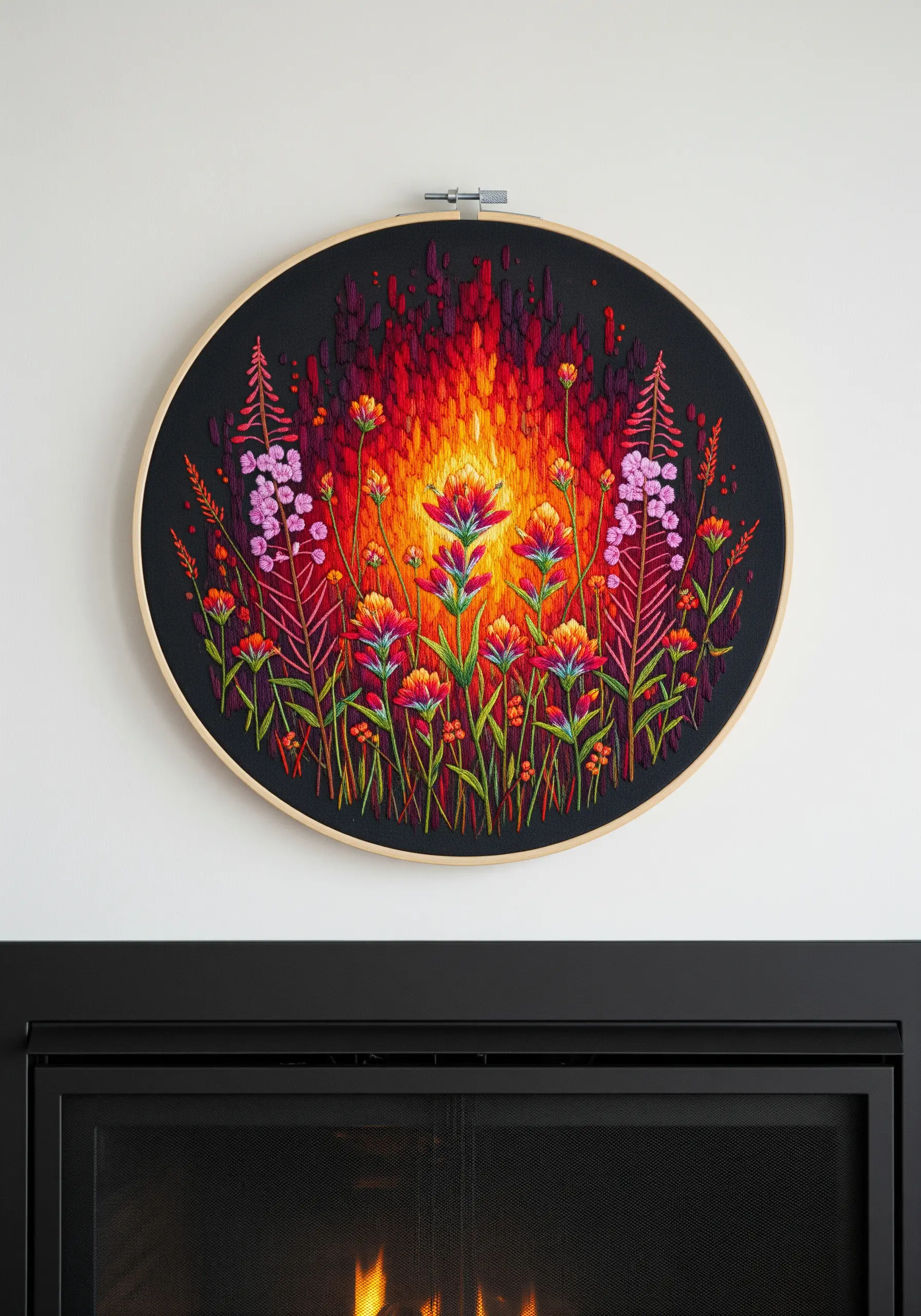 Abstract embroidery of wildflowers emerging from a fiery, thread-painted background on black fabric.