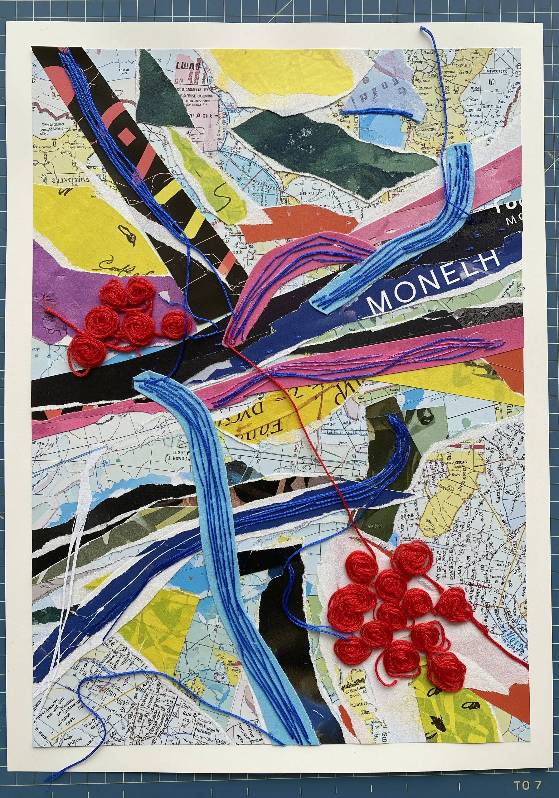 An abstract mixed-media collage with torn maps, couched blue yarn, and red woven wheel roses.