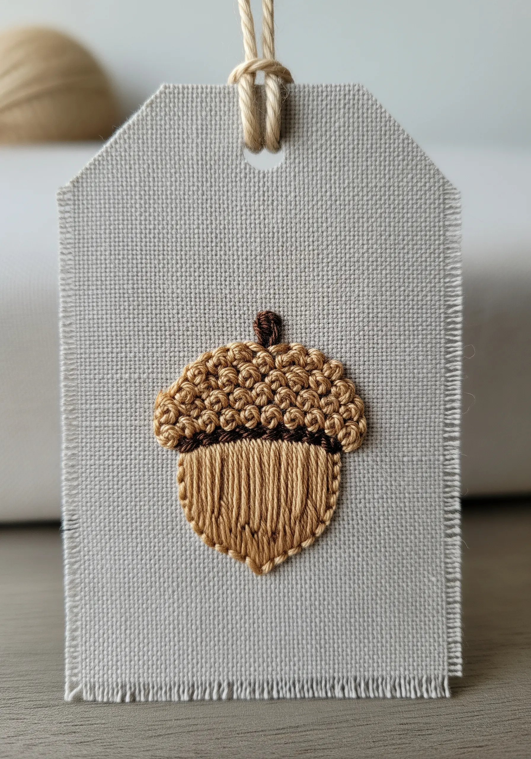 Embroidered acorn on a fabric tag with a French knot cap and satin stitch nut.