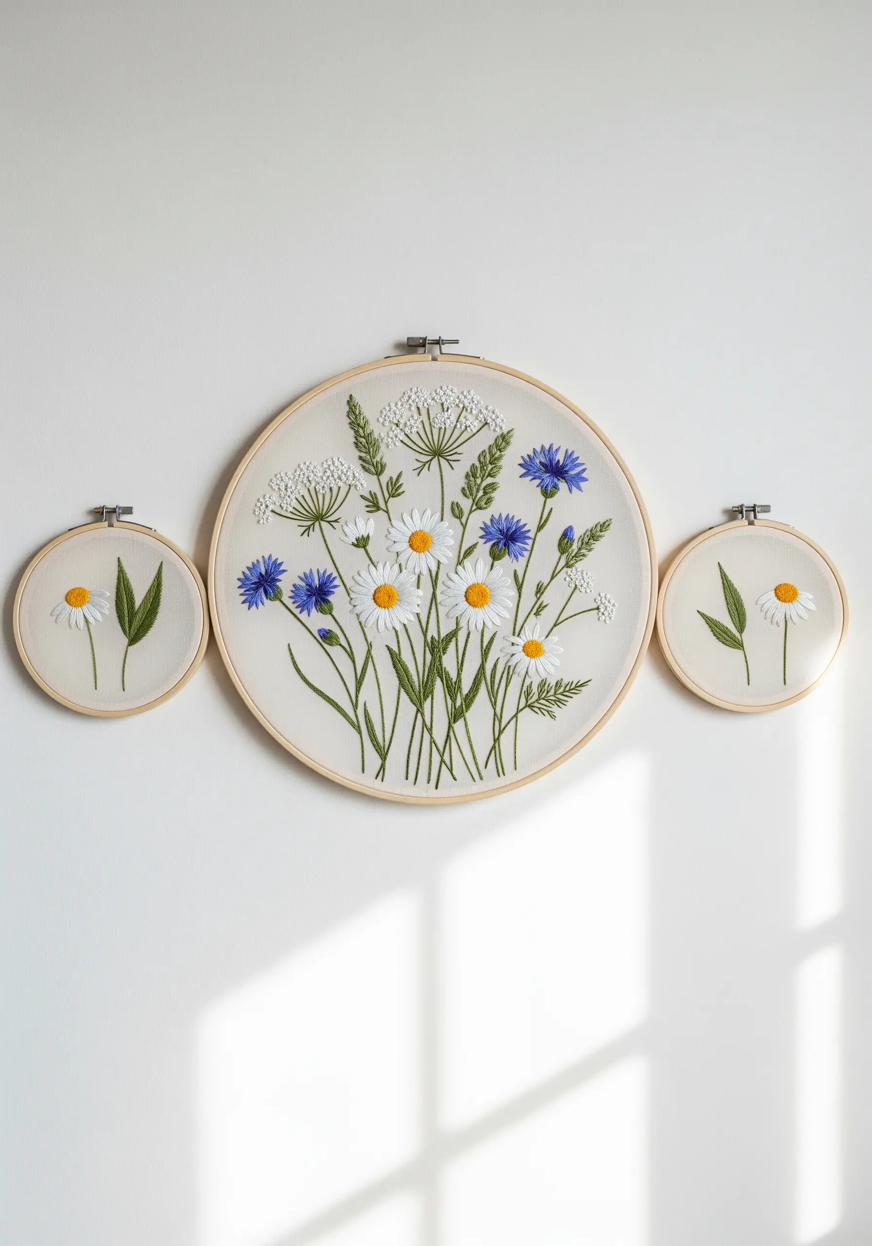 An asymmetrical arrangement of three hoops showing a central wildflower bouquet and two smaller details.