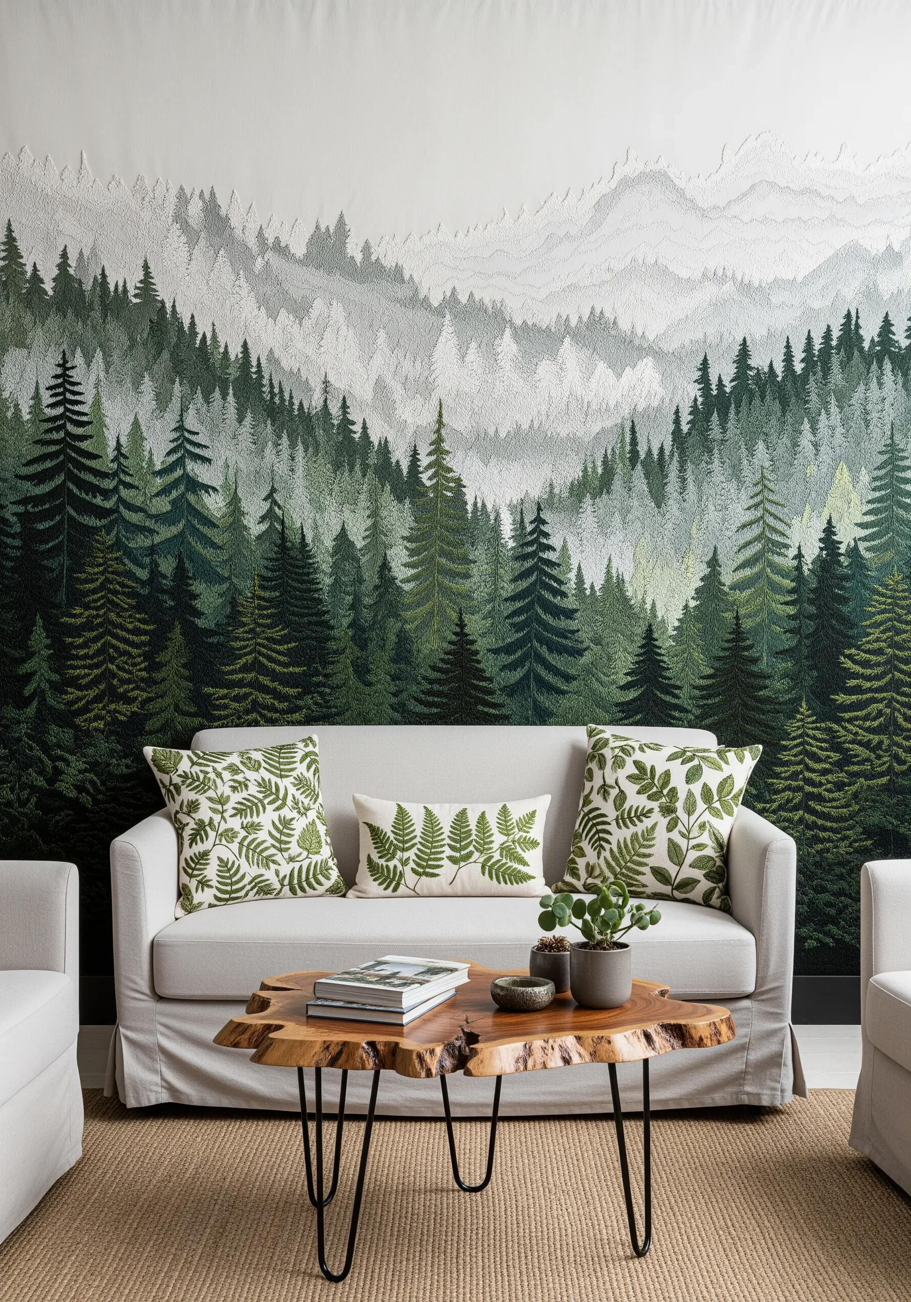 A full wall embroidered with a dense forest and mountain landscape in shades of green.