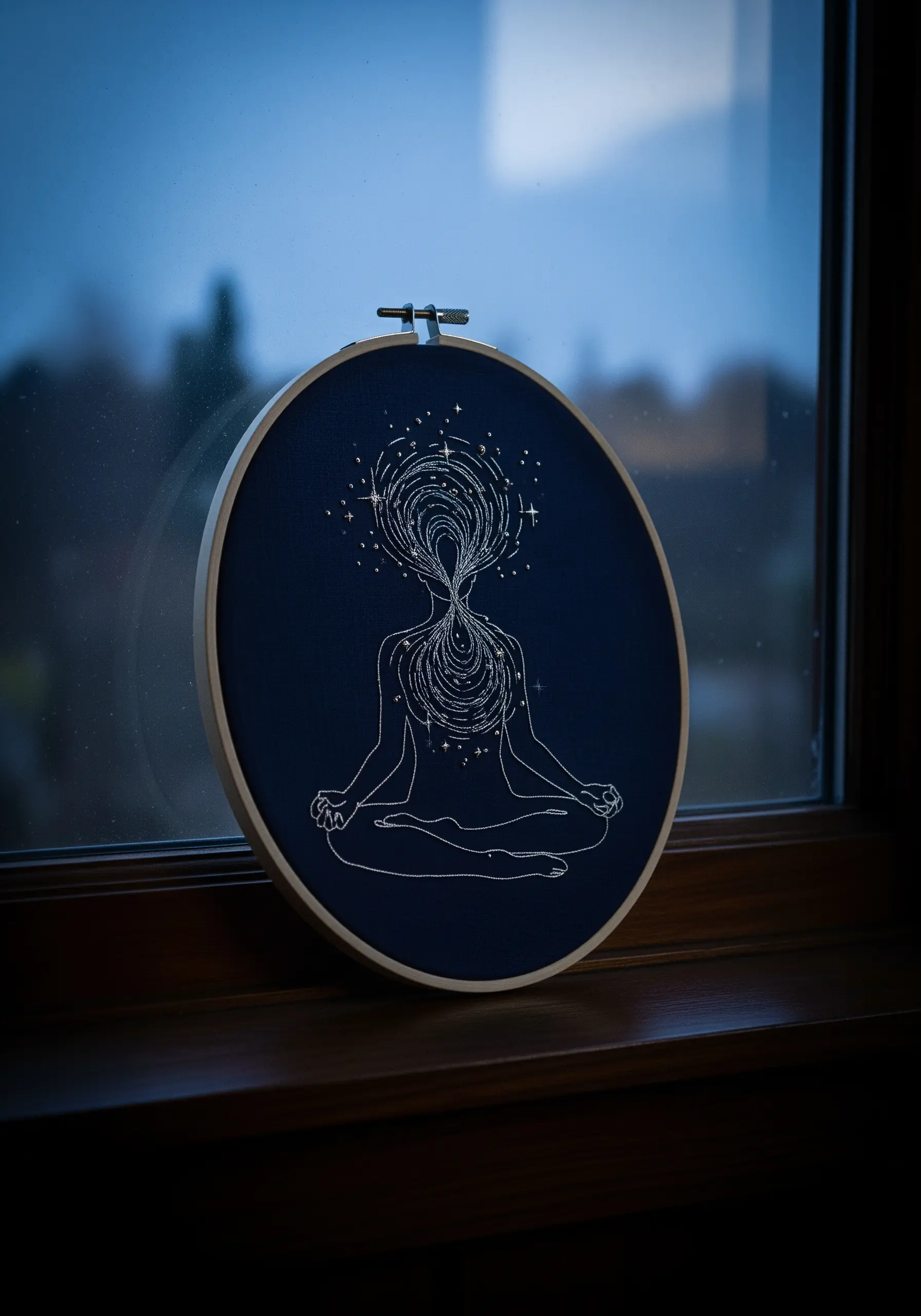 Meditating figure on dark fabric with a swirling, radiating aura stitched in white thread.