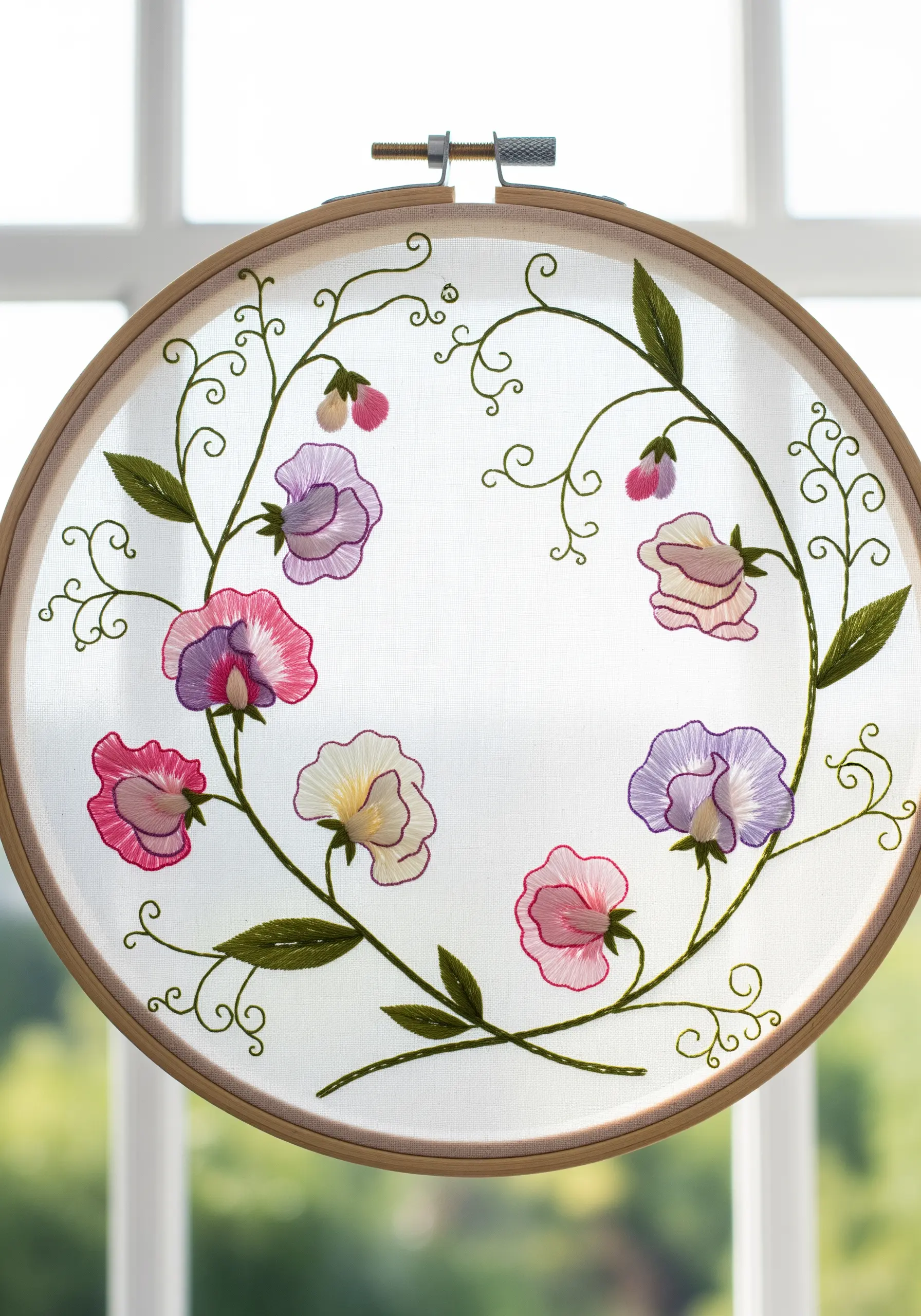 Delicate embroidered sweet pea flowers on a sheer, transparent fabric in a hoop.
