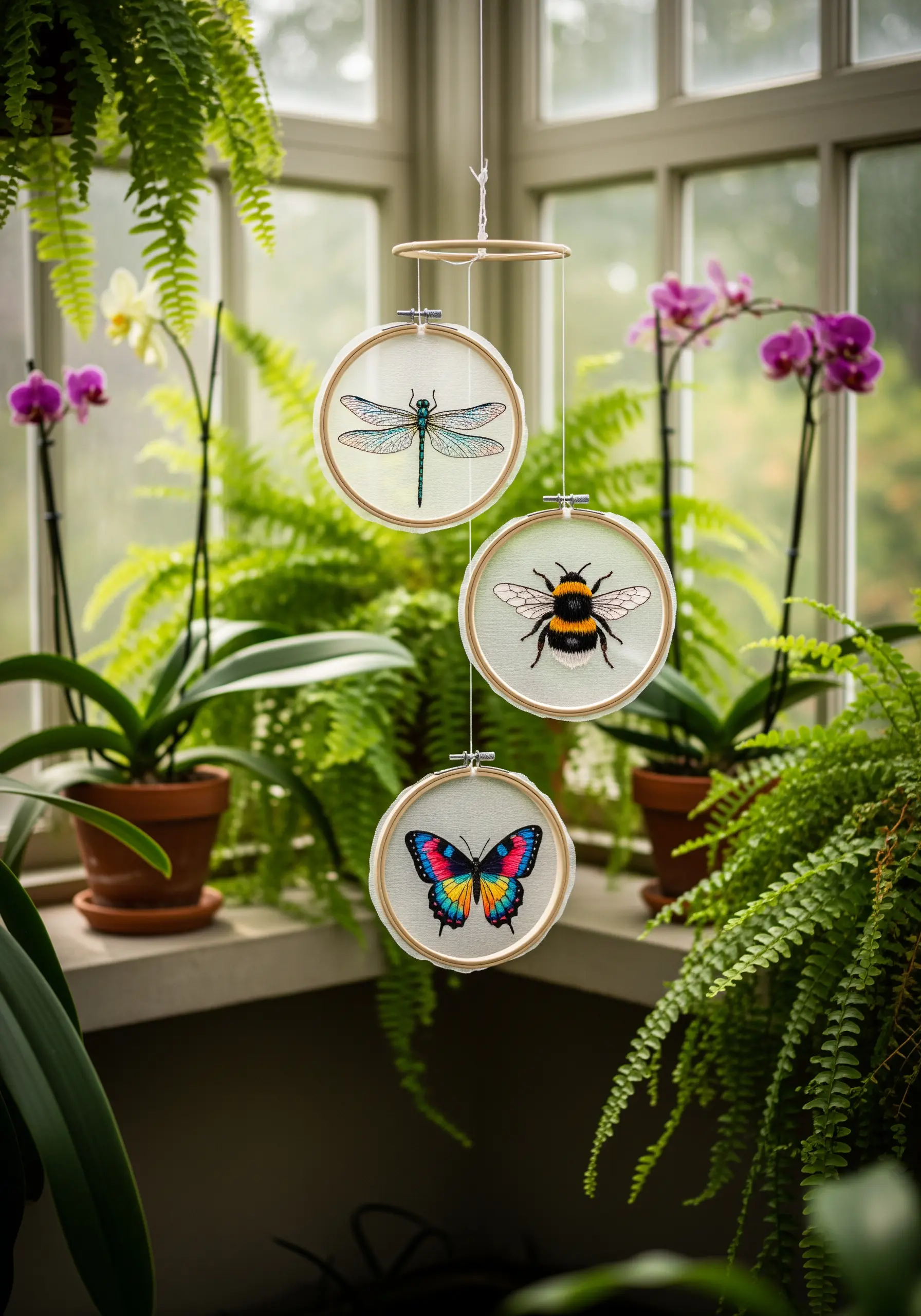 A mobile made of three embroidery hoops with a dragonfly, bee, and butterfly stitched on sheer fabric.
