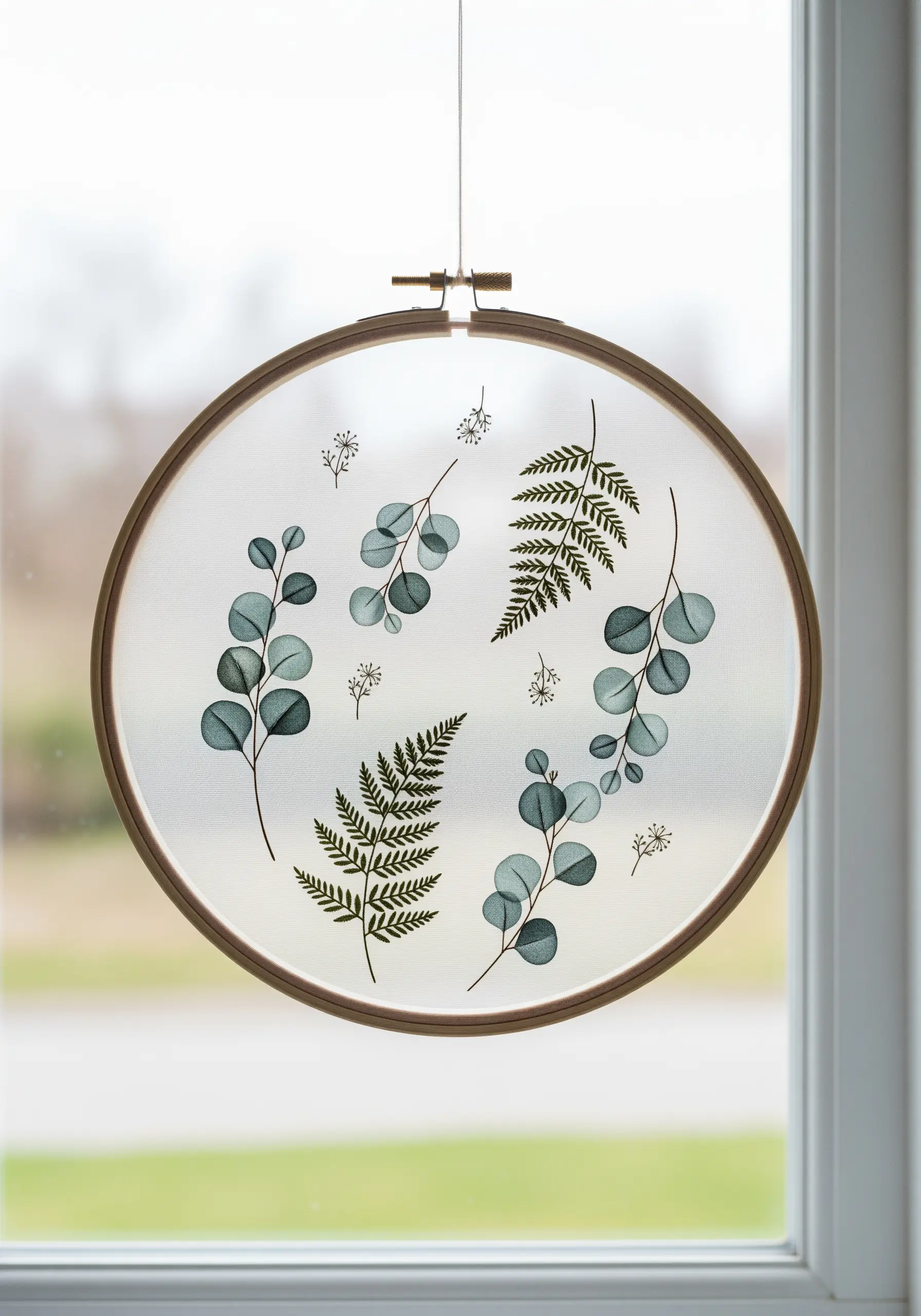 Delicate eucalyptus and fern embroidery on sheer fabric in a hoop, hung as a suncatcher.