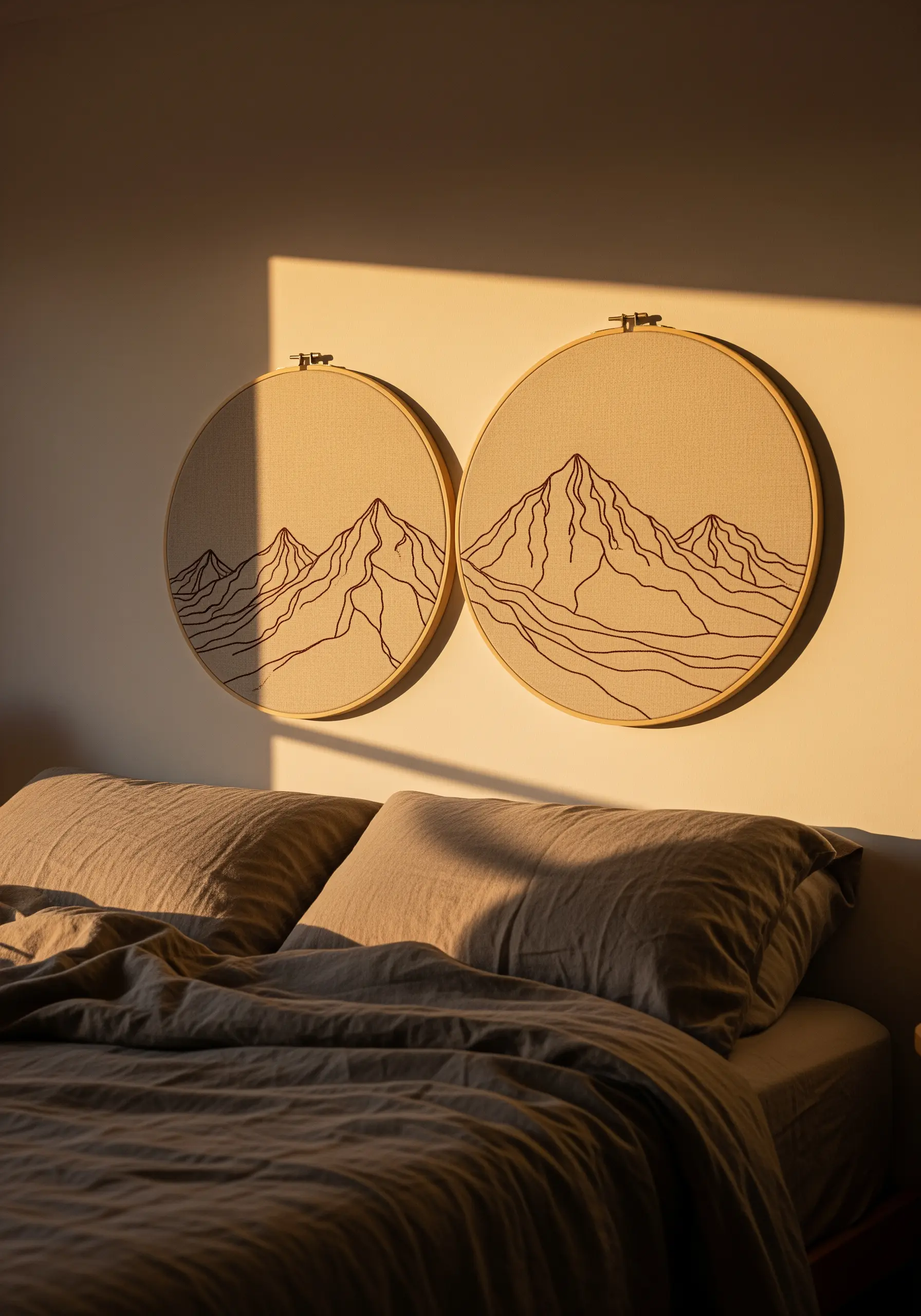 A diptych of two embroidery hoops showing a continuous line art drawing of a mountain range.