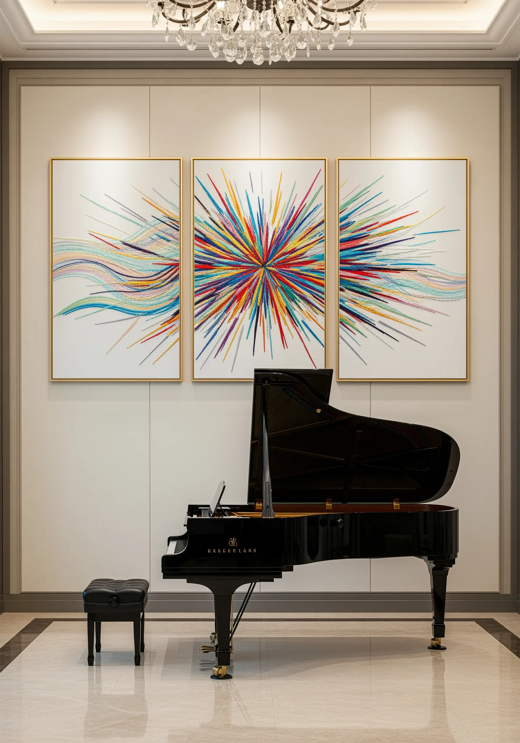 A triptych of framed embroideries showing a central explosion of colorful straight stitches.