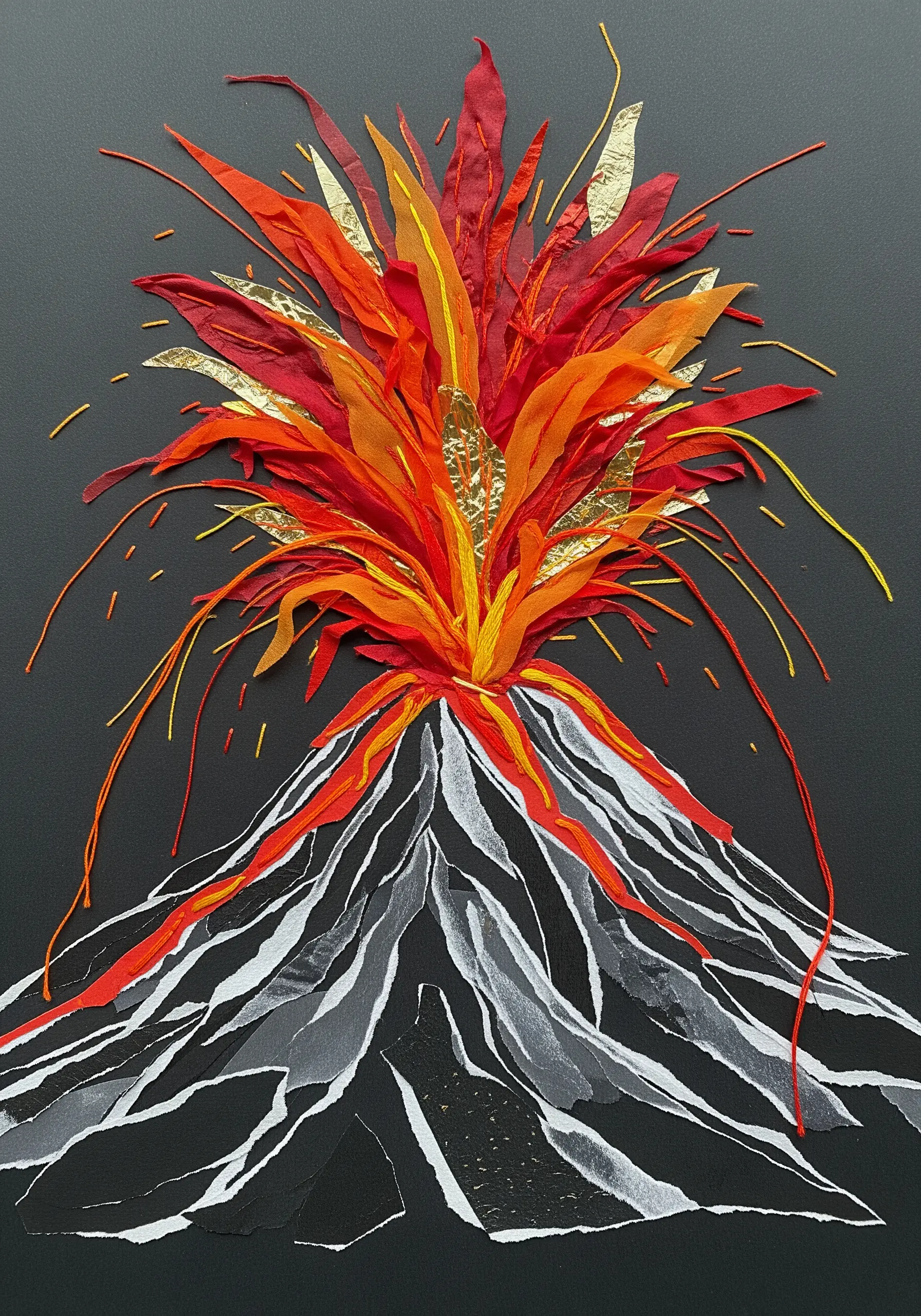 Collage of an erupting volcano made from torn paper, fabric, and radiating threads.