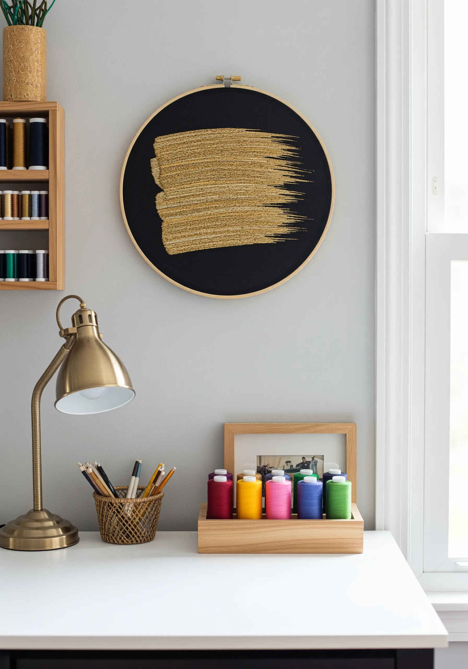 An embroidery hoop on a desk showing an abstract gold brushstroke on black fabric.