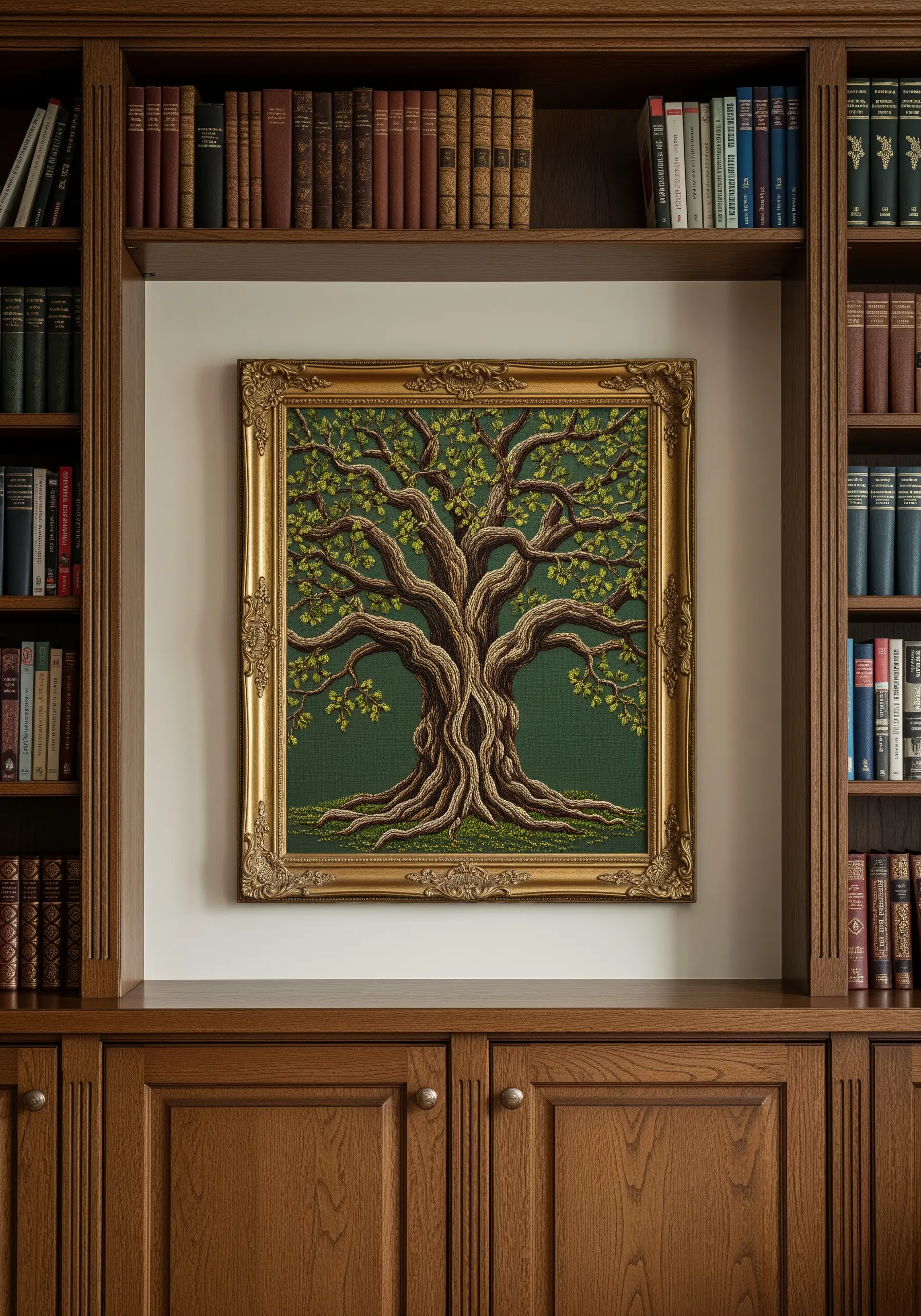 An intricately stitched tree of life in an ornate gold frame, set within a bookcase