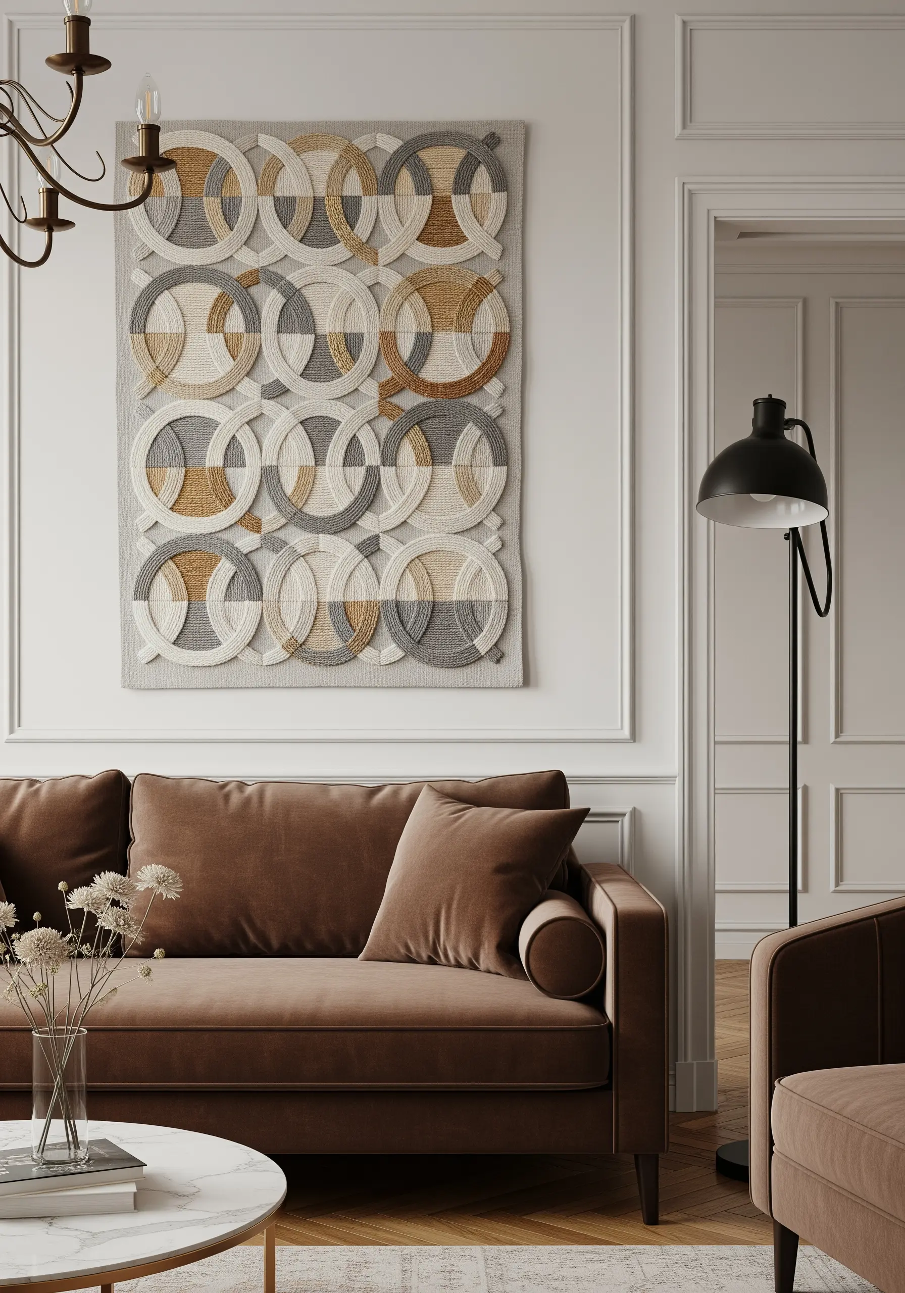A geometric wall hanging with interlocking circles in gold, grey, and cream tones.