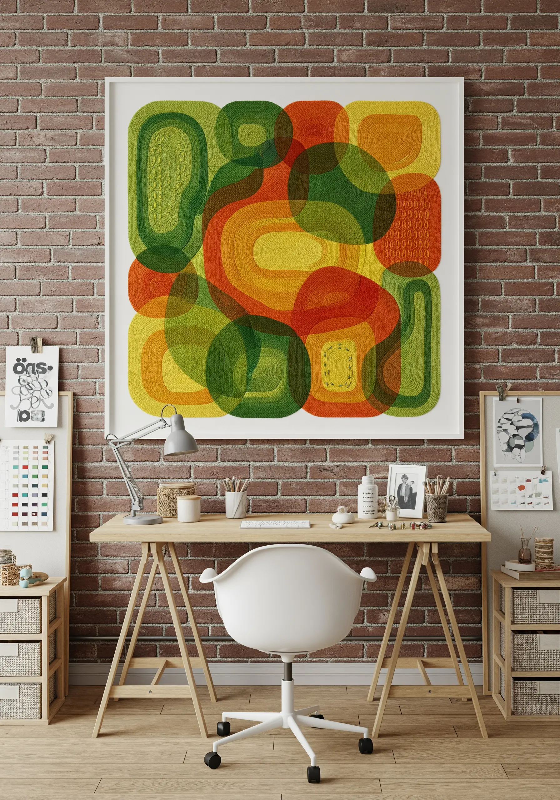 A large abstract embroidery with overlapping, rounded shapes in green, orange, and yellow.
