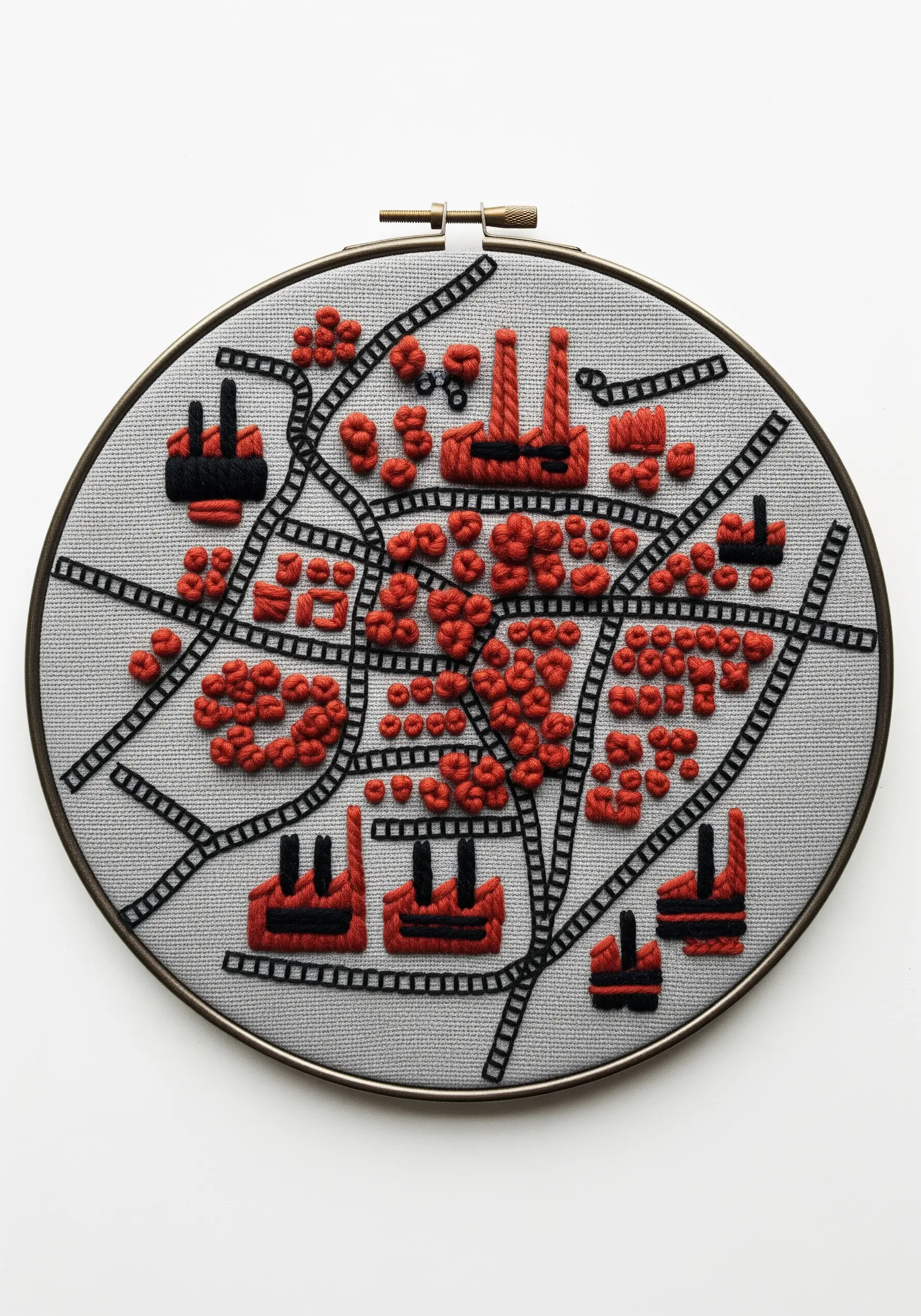 An abstract industrial map with red 3D knots and black stitched railway lines on gray fabric.