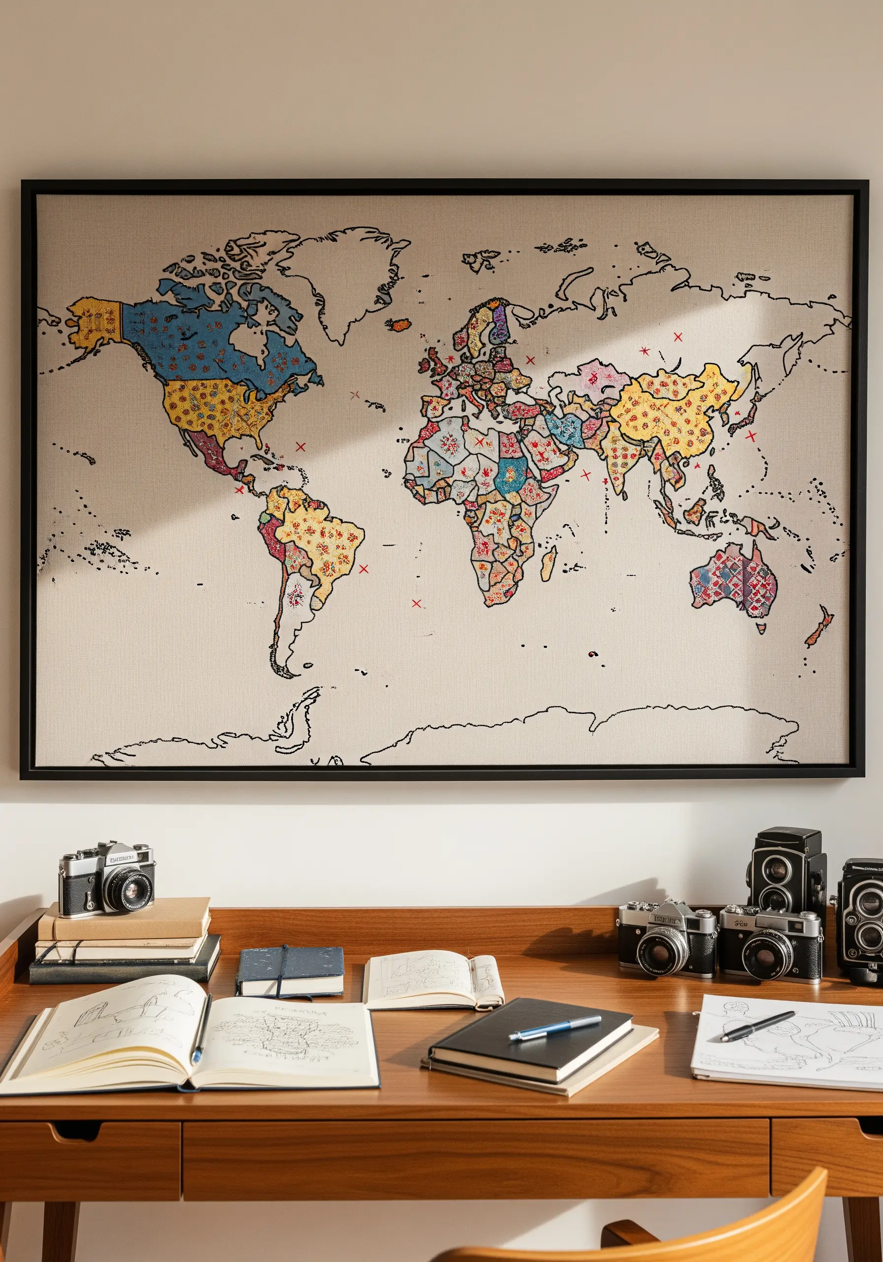 A large, framed world map on fabric, with different countries filled in with colorful stitches.